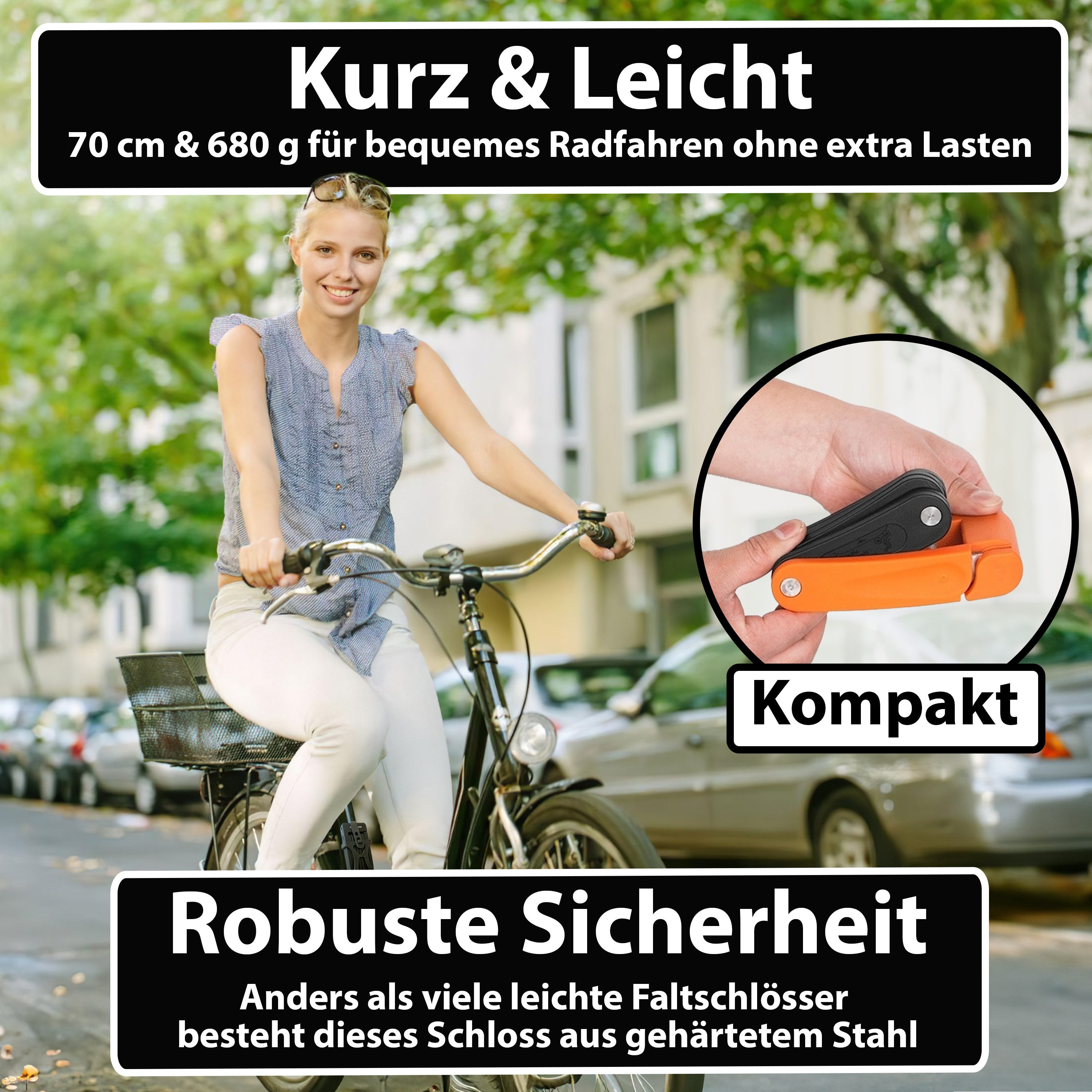 KOHLBURG Faltschloss [680g leicht & 70cm lang] Sicheres Fahrradschloss für E-Bike & Fahrrad, Sicheres Fahrradschloss aus gehärtetem Stahl mit Halterung