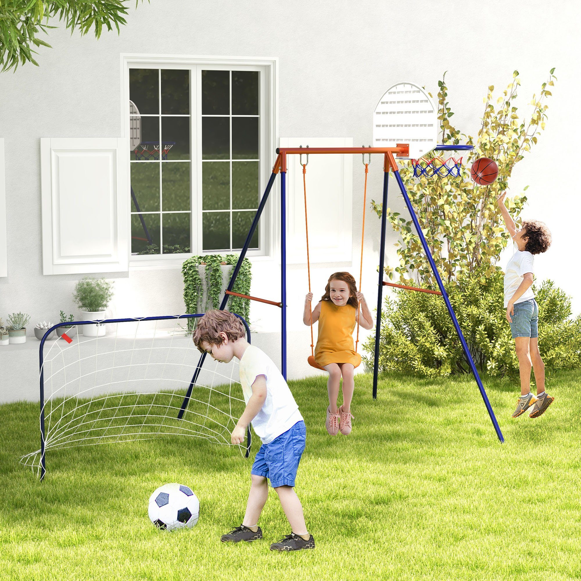 Outsunny Einzelschaukel Kinderschaukel mit Fußballtor, Basketballkorb, günstig online kaufen
