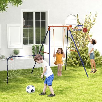 Outsunny Einzelschaukel Kinderschaukel mit Fußballtor, Basketballkorb, (Schaukel-Set, 1-tlg., Gartenschaukel), für Garten, Balkon, Dunkelblau+Orange