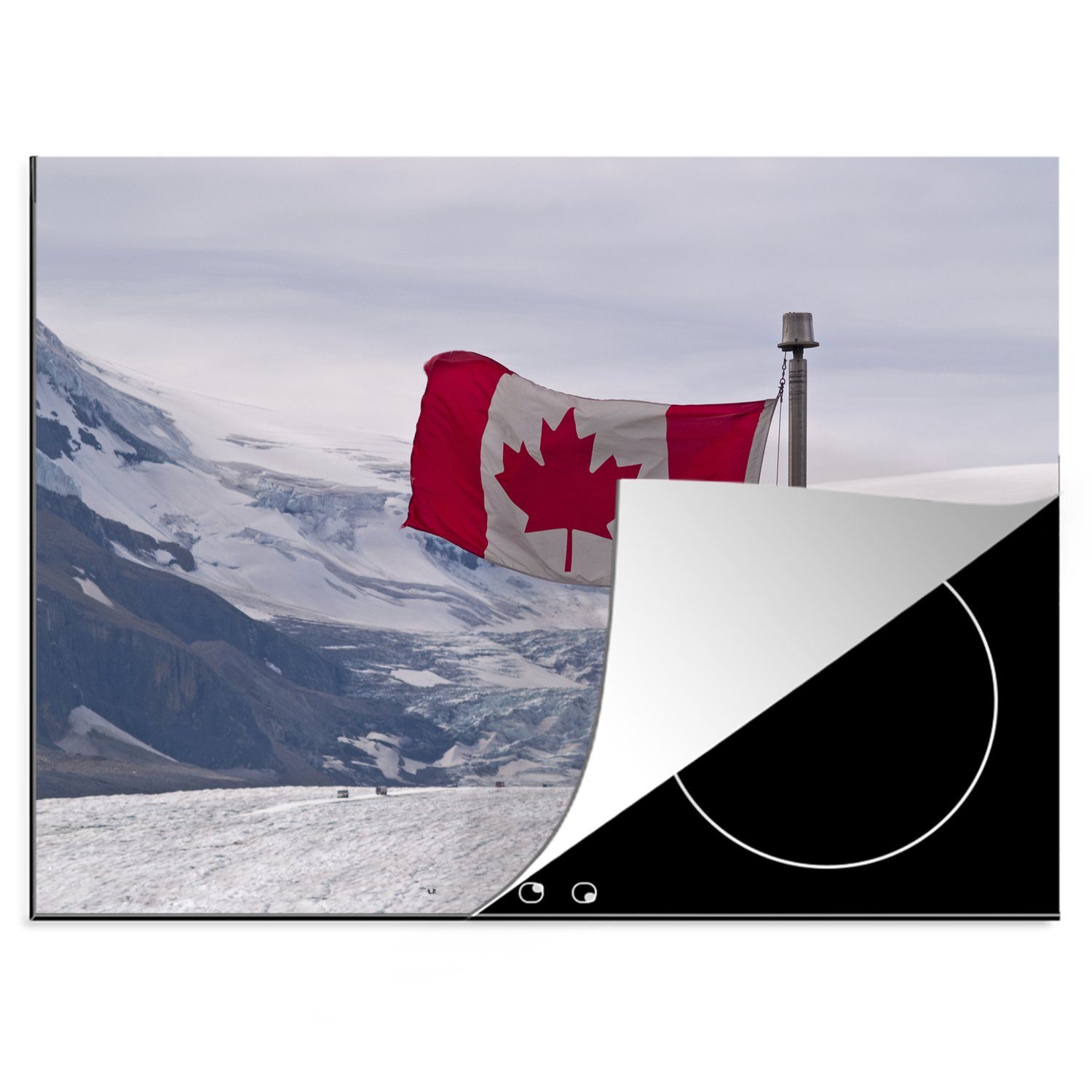 MuchoWow Herdblende-/Abdeckplatte Die kanadische Flagge in einer Winterlandschaft, Vinyl, (1 tlg), 70x52 cm, Mobile Arbeitsfläche nutzbar, Ceranfeldabdeckung | Herdabdeckplatten