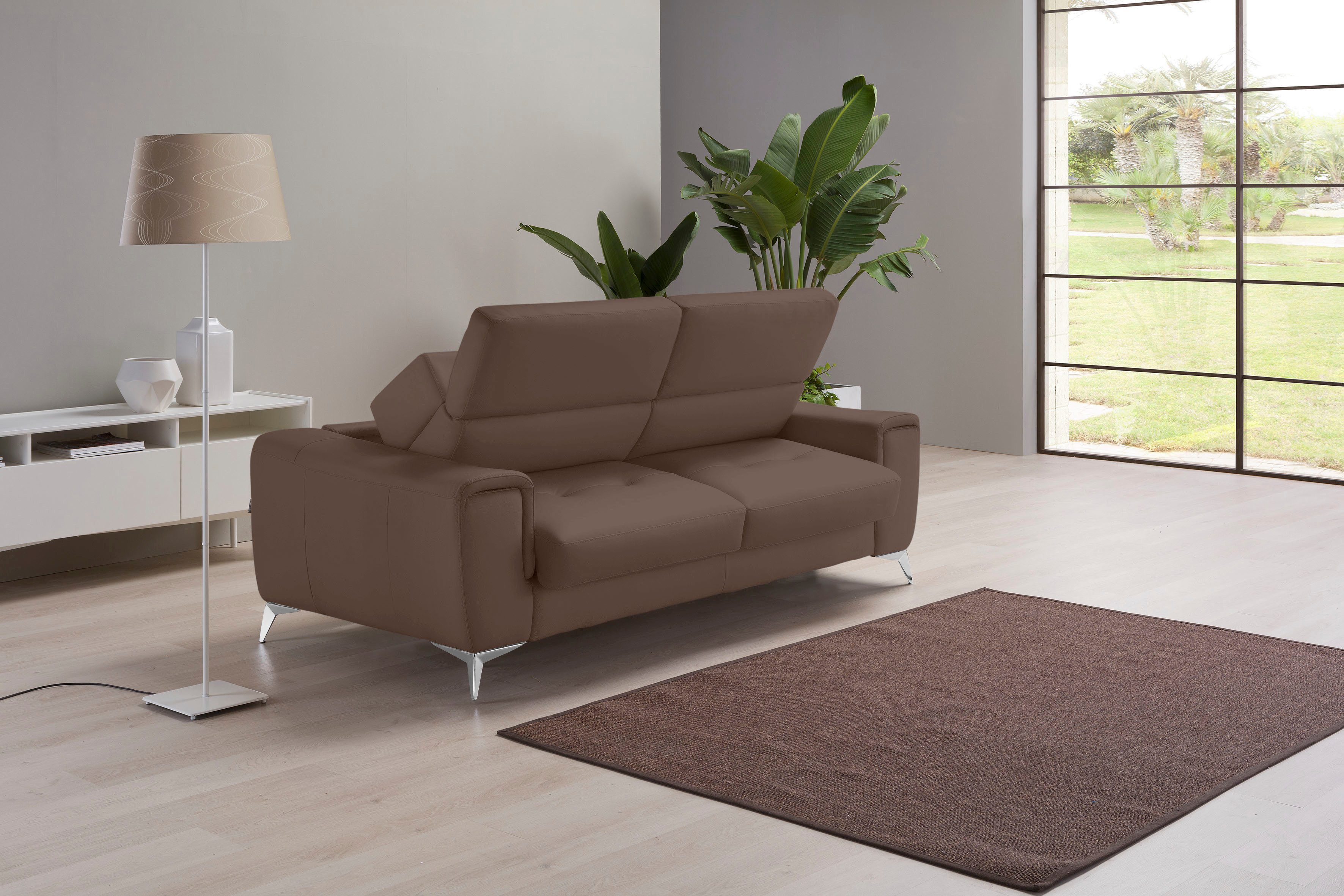 Egoitaliano Schlafsofa Francine Designsofa, Loungesofa mit Dauerschlaffunktion, Breite 233 cm, mit Bettfunktion, Leder BULL, chocolate, Fußfarbe chrom