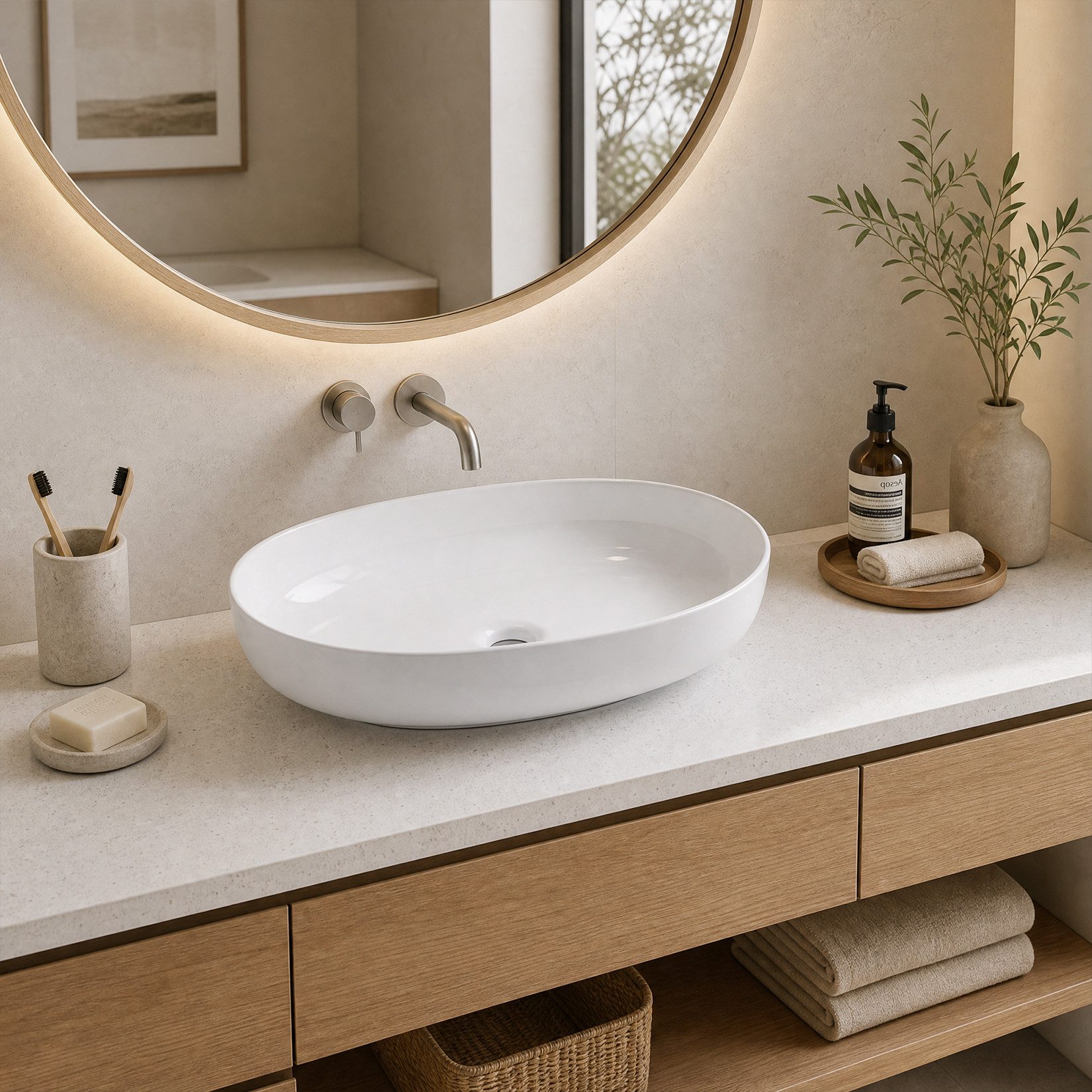 GarveeMore Aufsatzwaschbecken aus Keramik mit dünnem Rand für Badezimmer, Künstlerisches Design, leichte Reinigung, oval/konisch, weiß