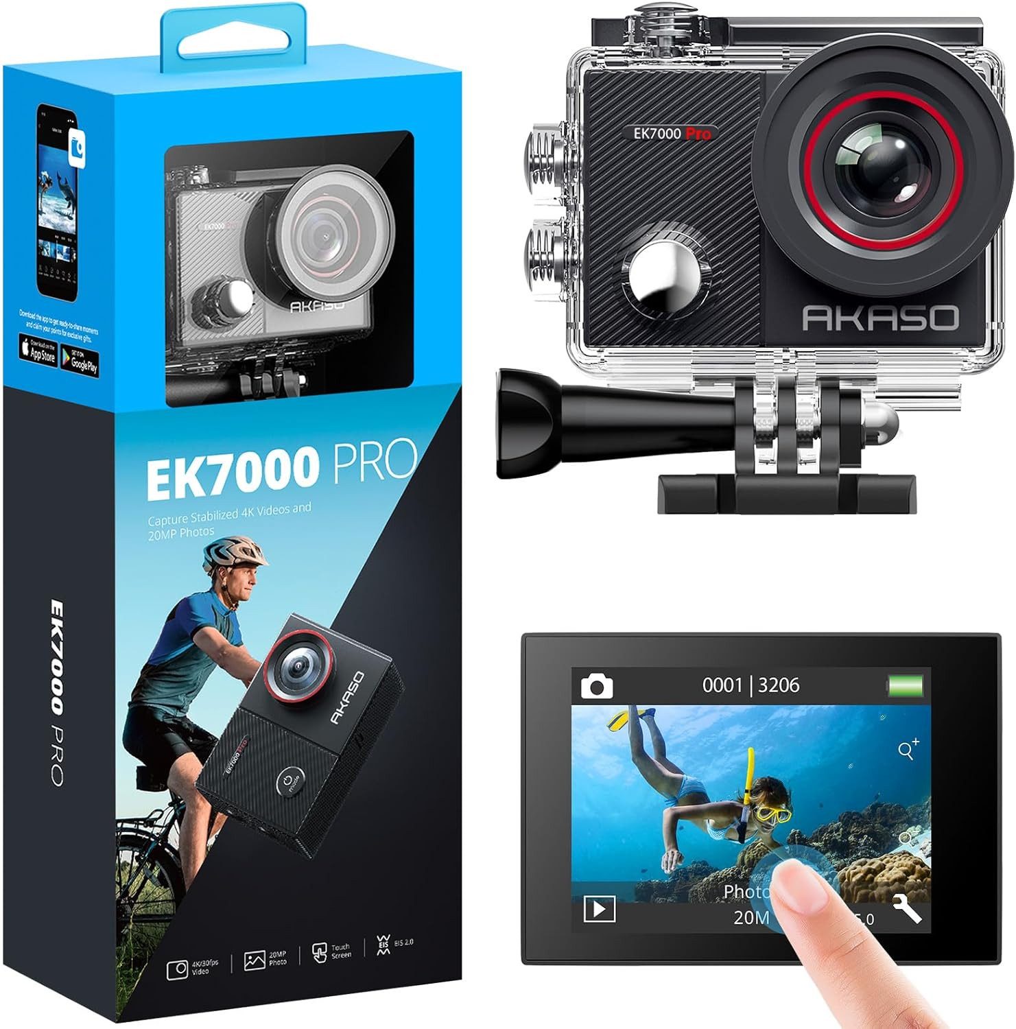 Akaso EK7000 Pro Action Cam (4K Ultra HD, WLAN 2.4 GHz, 4K 20MP WiFi Wasserdicht bis 40m,Touchscreen, EIS 2.0)