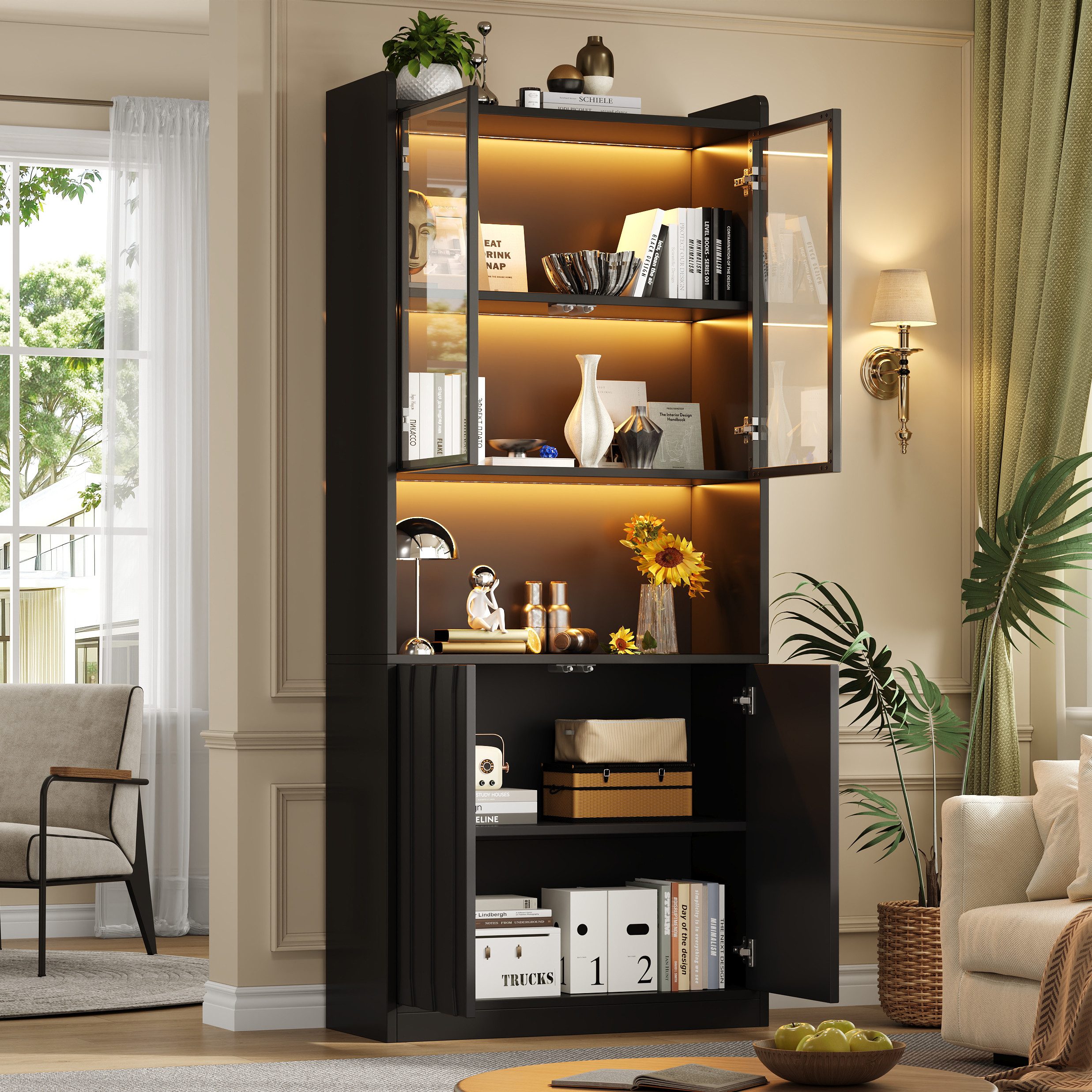 Merax Vitrine mit LED-Beleuchtung, Wohnzimmerschrank Standvitrine (80Lx35Bx200Hcm, 1-St) Hochschrank mit Glastüren, 5 Fächer & verstellbare Einlegeböden
