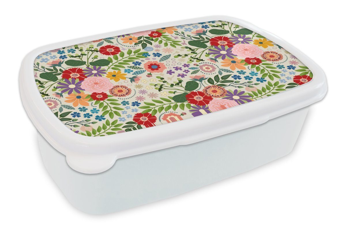 MuchoWow Lunchbox Blätter - Blumen - Design, Kunststoff, (2-tlg), Brotbox für Kinder und Erwachsene, Brotdose, für Jungs und Mädchen weiß