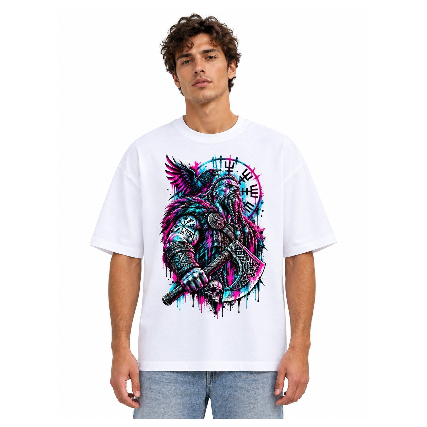 Blondie & Brownie T-Shirt Oversize T Shirt Herren Wikinger Krieger mit Axt und Runengrafik (Einzelartikel) Rabenwacht Nordkrieger Edition