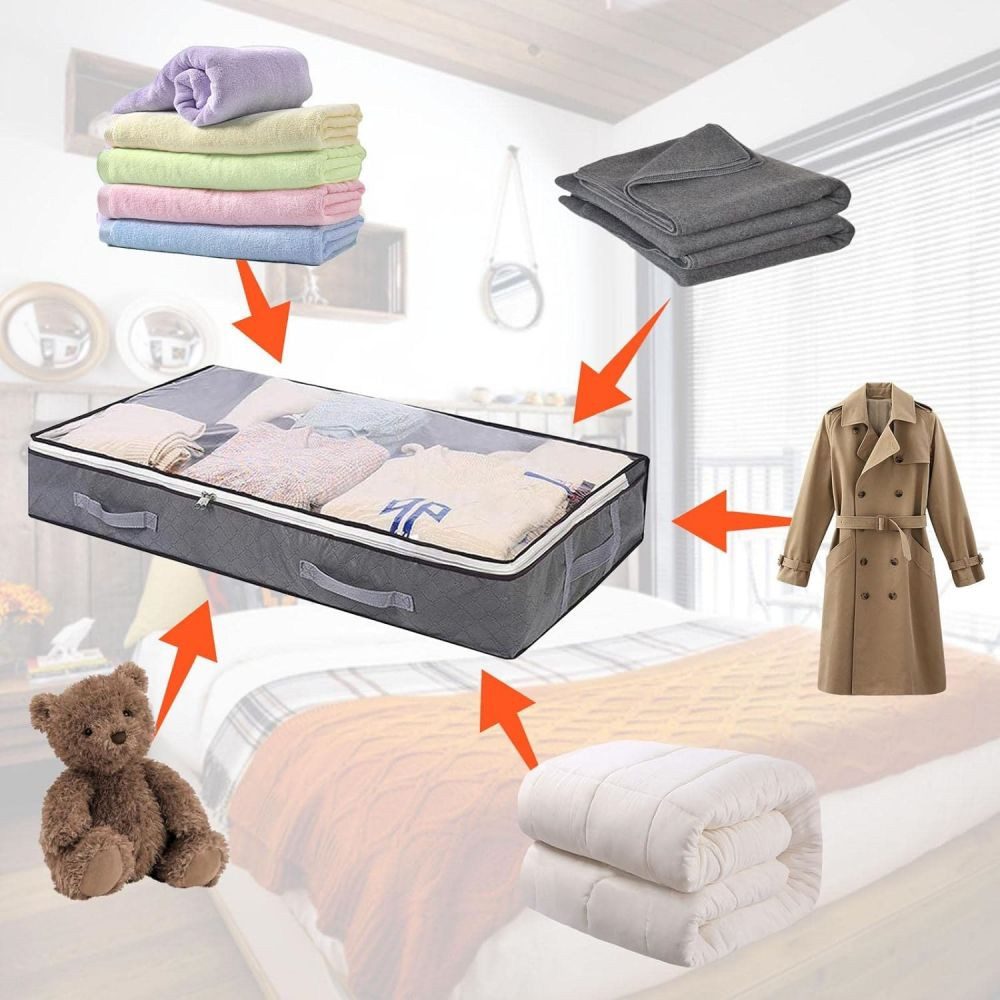 QUBEBU Aufbewahrungstasche 1/2/3 Stk 75L Unterbettkommode, Unterbett Aufbewahrungsbox mit deckel (Unterbett-Aufbewahrungstasche Kleideraufbewahrung, Decken Organisator, 1-tlg., für Kleidung, Bettdecken und Bettwäsche, Grau), Kleideraufbewahrung mit verstärkt Griff.