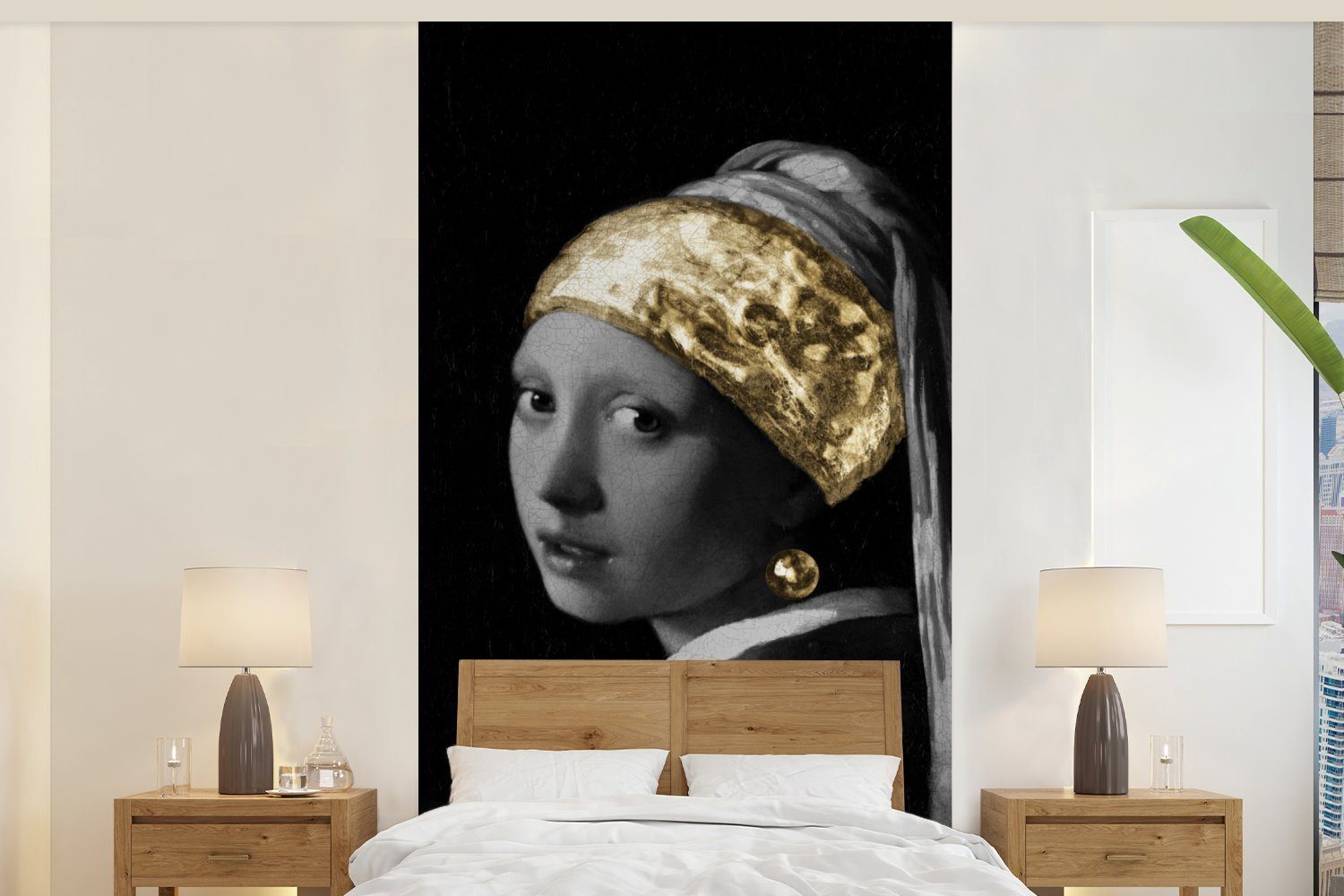 MuchoWow Fototapete Mädchen mit einem Perlenohrring - Vermeer - Gold, Matt, bedruckt, (2 St), Vliestapete für Wohnzimmer Schlafzimmer Küche, Fototapete