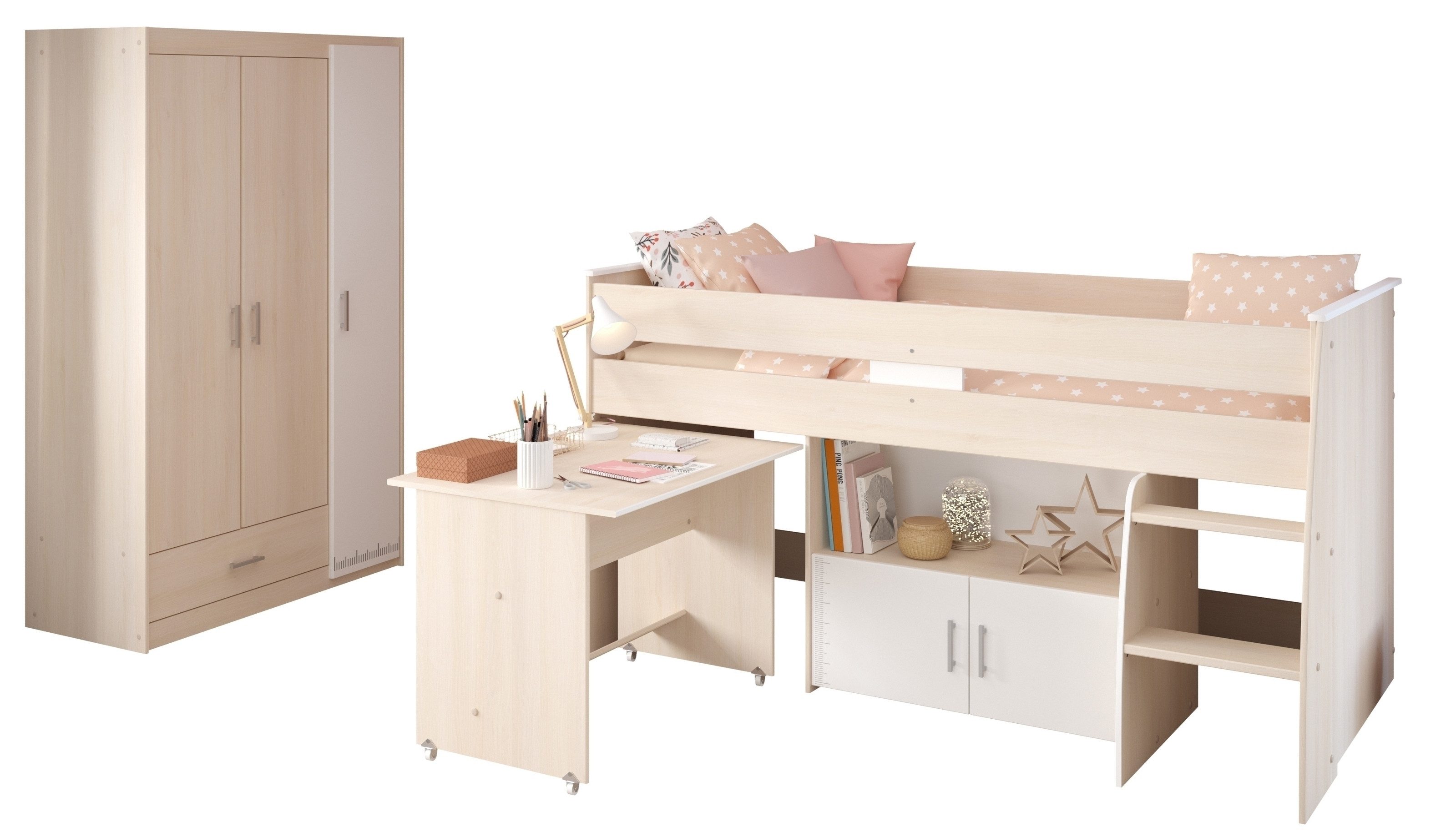 Parisot Jugendzimmer-Set Charly 6, Funktion-Hochbett und Kleiderschrnak in Akazie Dekor / Weiß