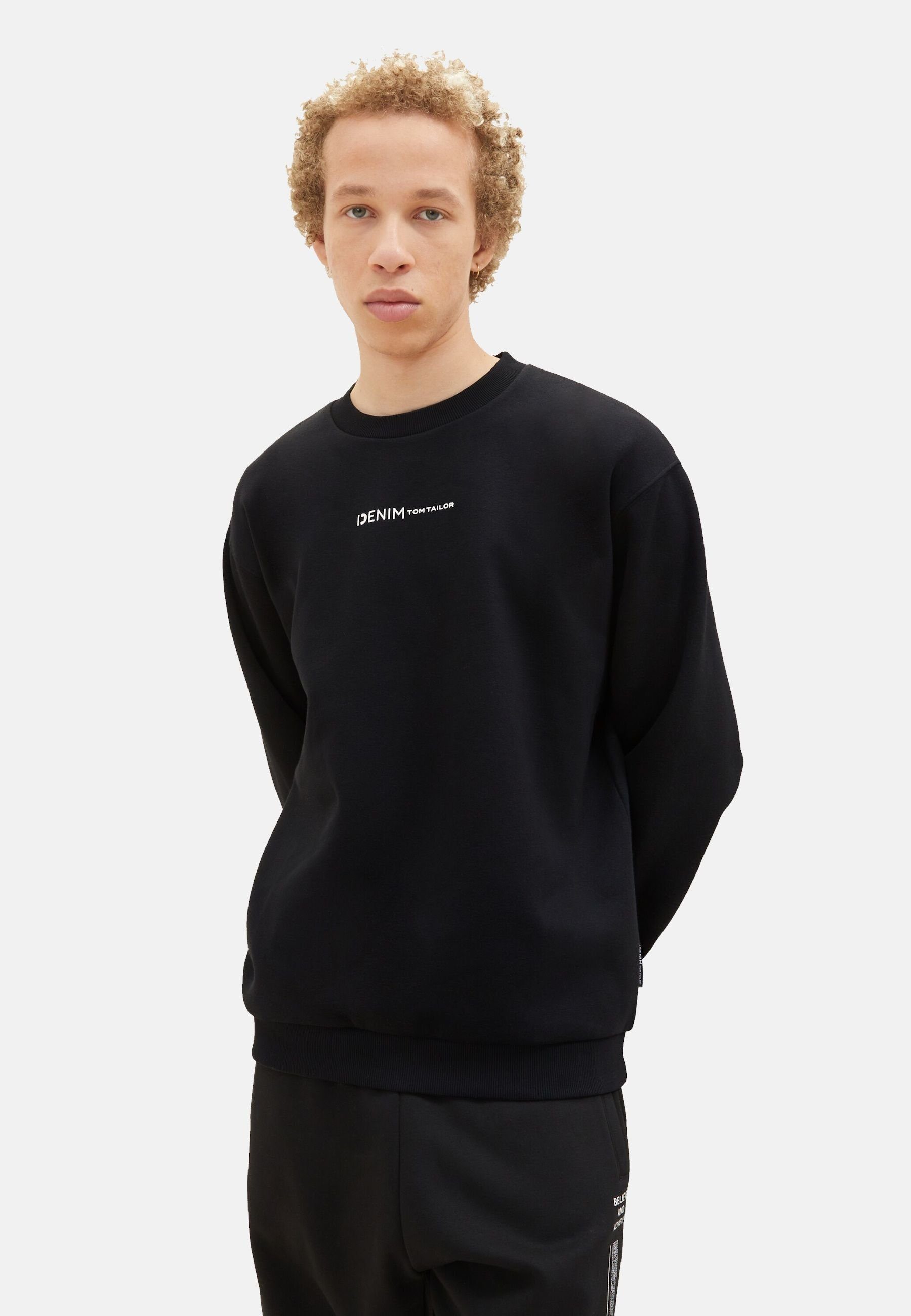 TOM TAILOR schwarz Sweatshirt Kapuze Denim (1-tlg) Pullover TOM ohne mit TAILOR Sweatshirt kleinem