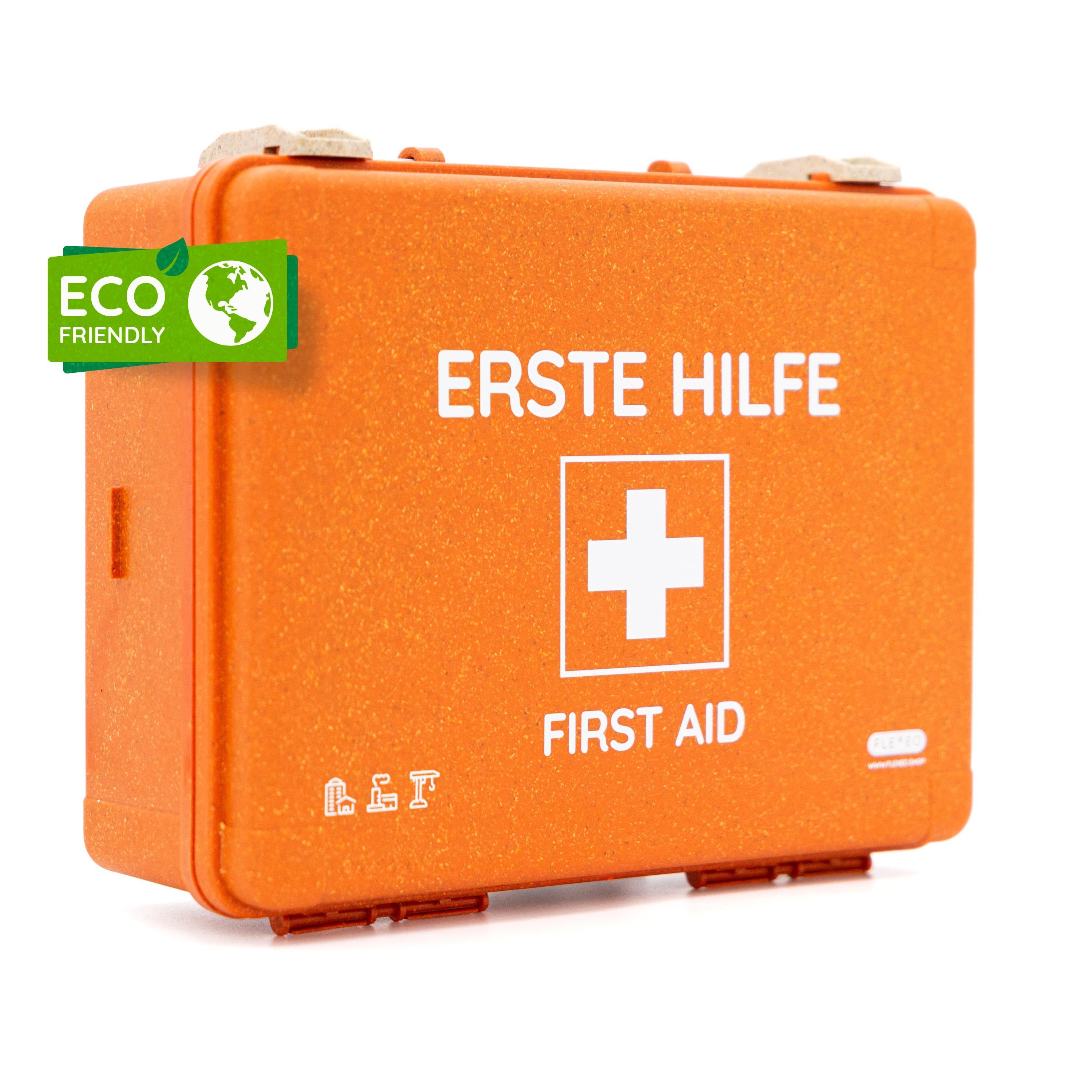 FLEXEO Erste-Hilfe-Koffer Eco Plus DIN 13157, (1 St), Verbandkasten aus Holzstaub mit Wandhalterung