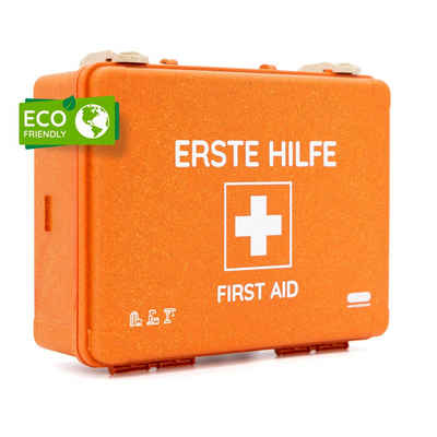 FLEXEO Erste-Hilfe-Koffer Eco Plus DIN 13157, (1 St), Verbandkasten aus Holzstaub mit Wandhalterung