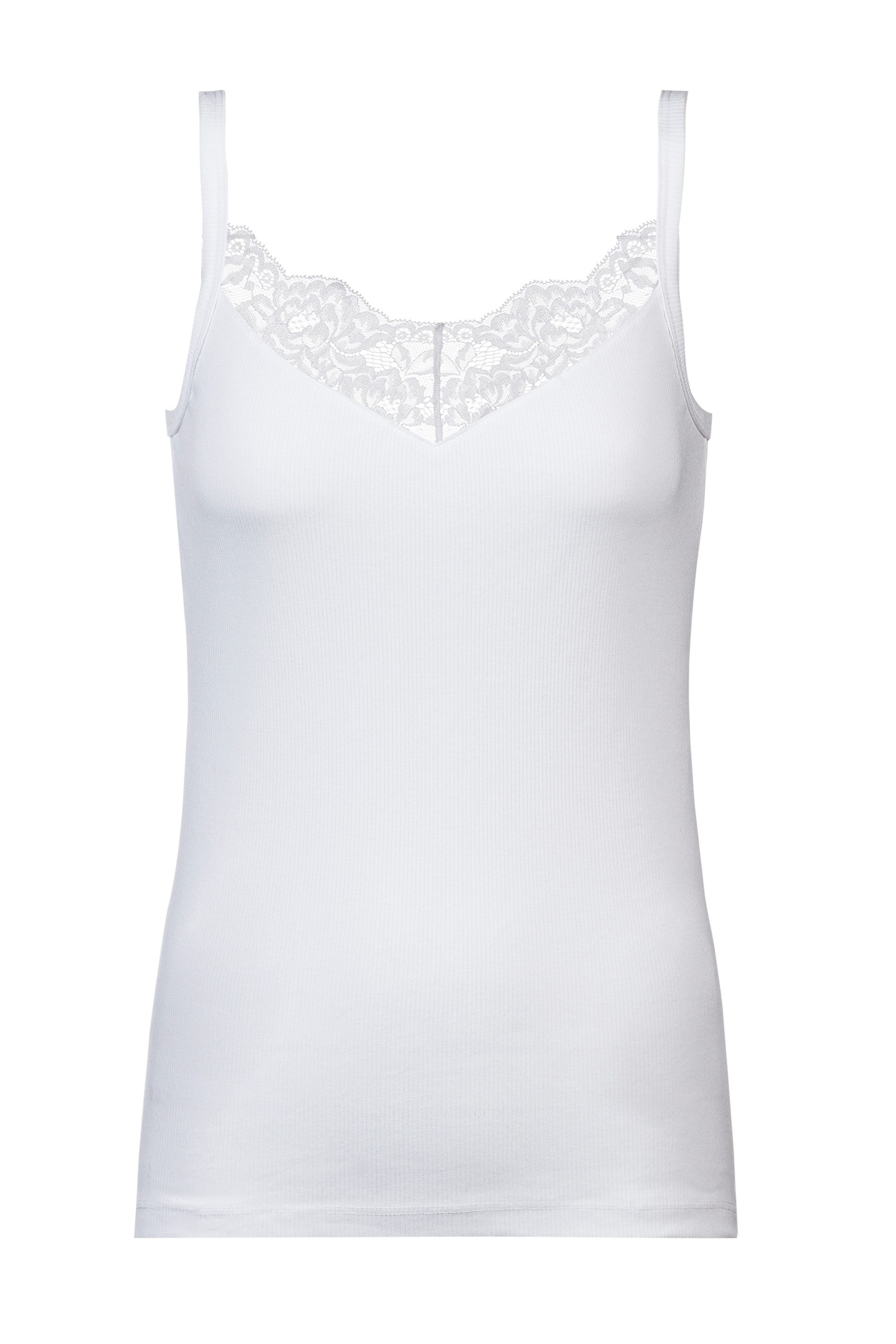 Mey Spaghettitop Orangic Cotton tiefer V-Ausschnitt, Baumwollmischung, Feinripp, Spitze