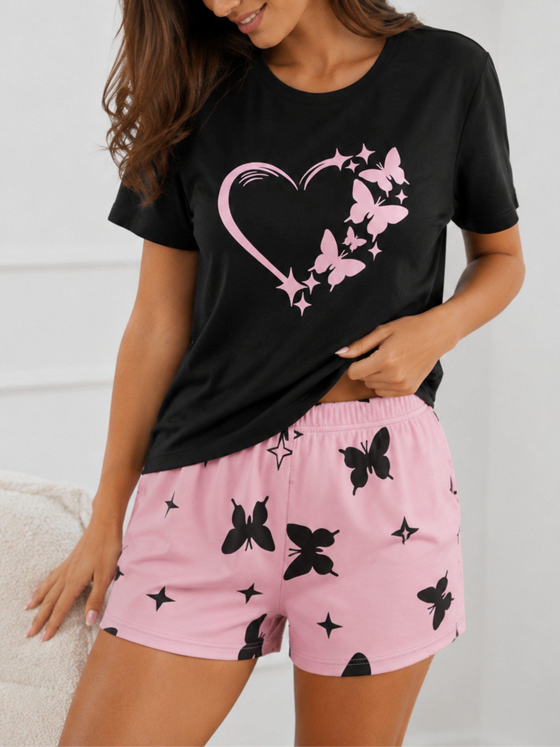 Elegant Love Shorty Damen-Pyjama Set – Nachtwäsche, Loungewear (Set, 2 tlg., Kurzarm-Shirt & Shorts) Bequeme Homewear & Schlafanzug – ideal für ruhige Nächte