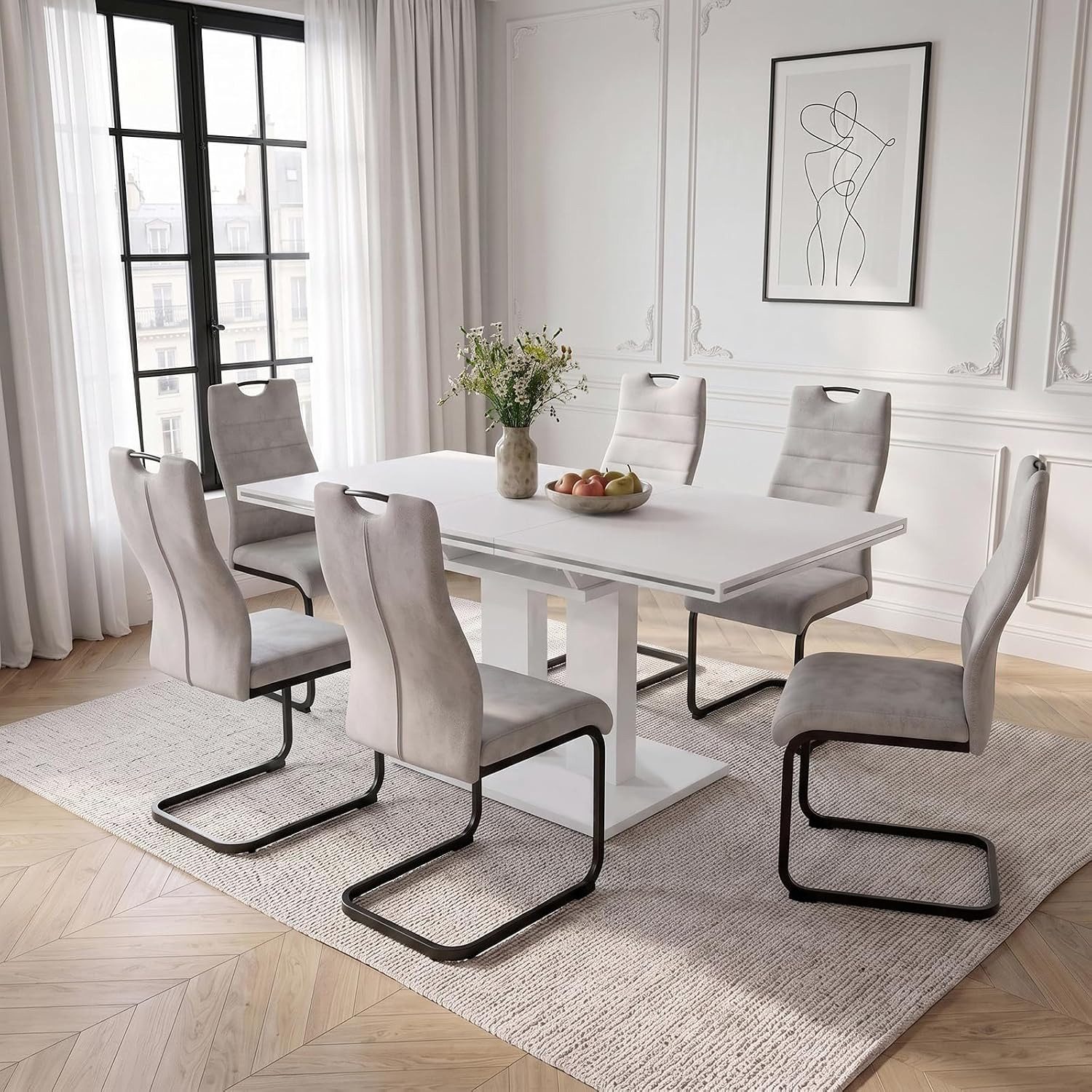 Jiexi Essgruppe Moderne Essgruppe 7/9 Set mit einem Esstisch und 6/8 Stühlen MDF