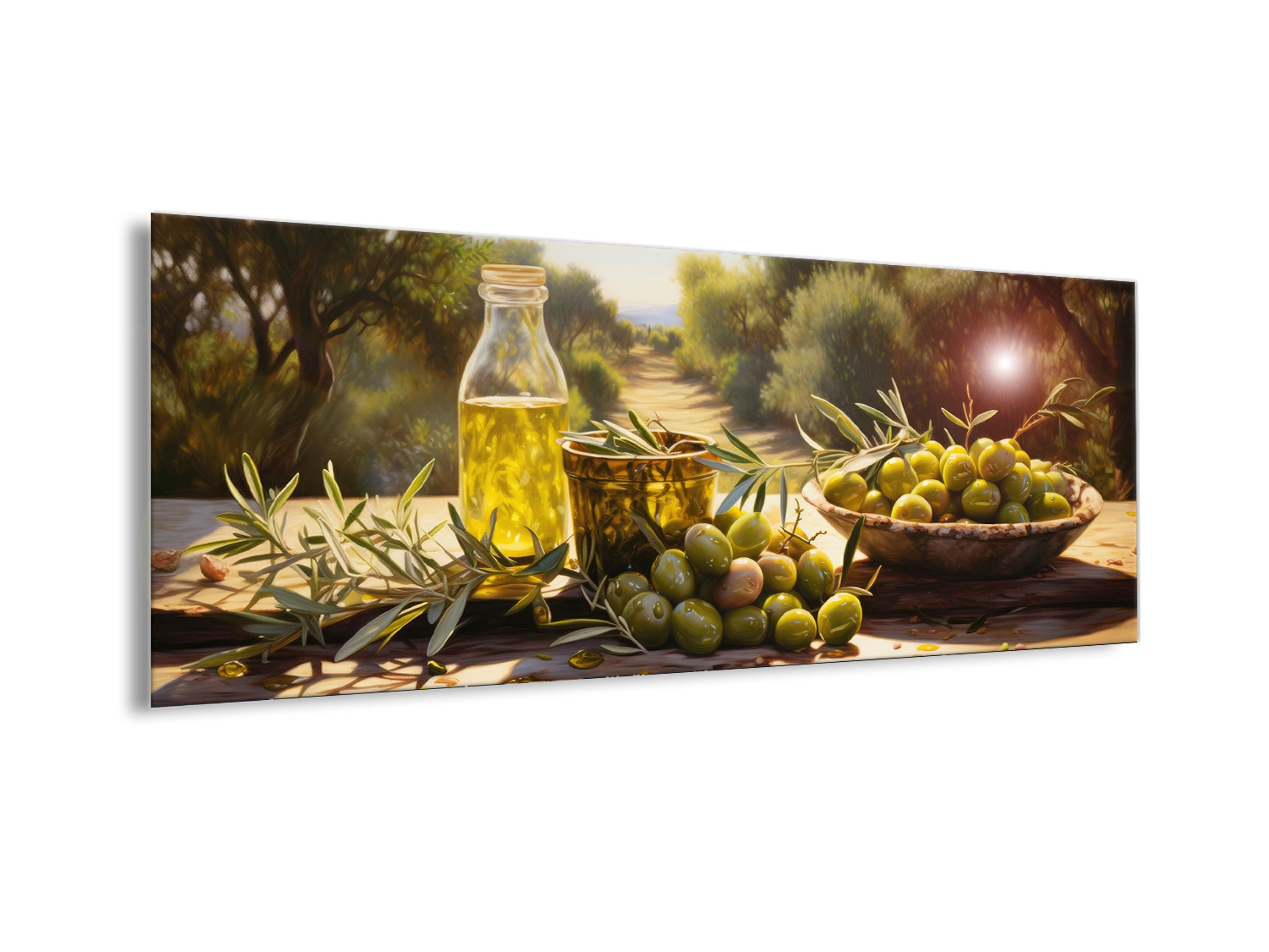 artissimo Glasbild Bild aus Glas 80x30 cm / Wandbild Querformat / Deko Küche, mediterranes Küchenbild: Toskana Oliven mediterran