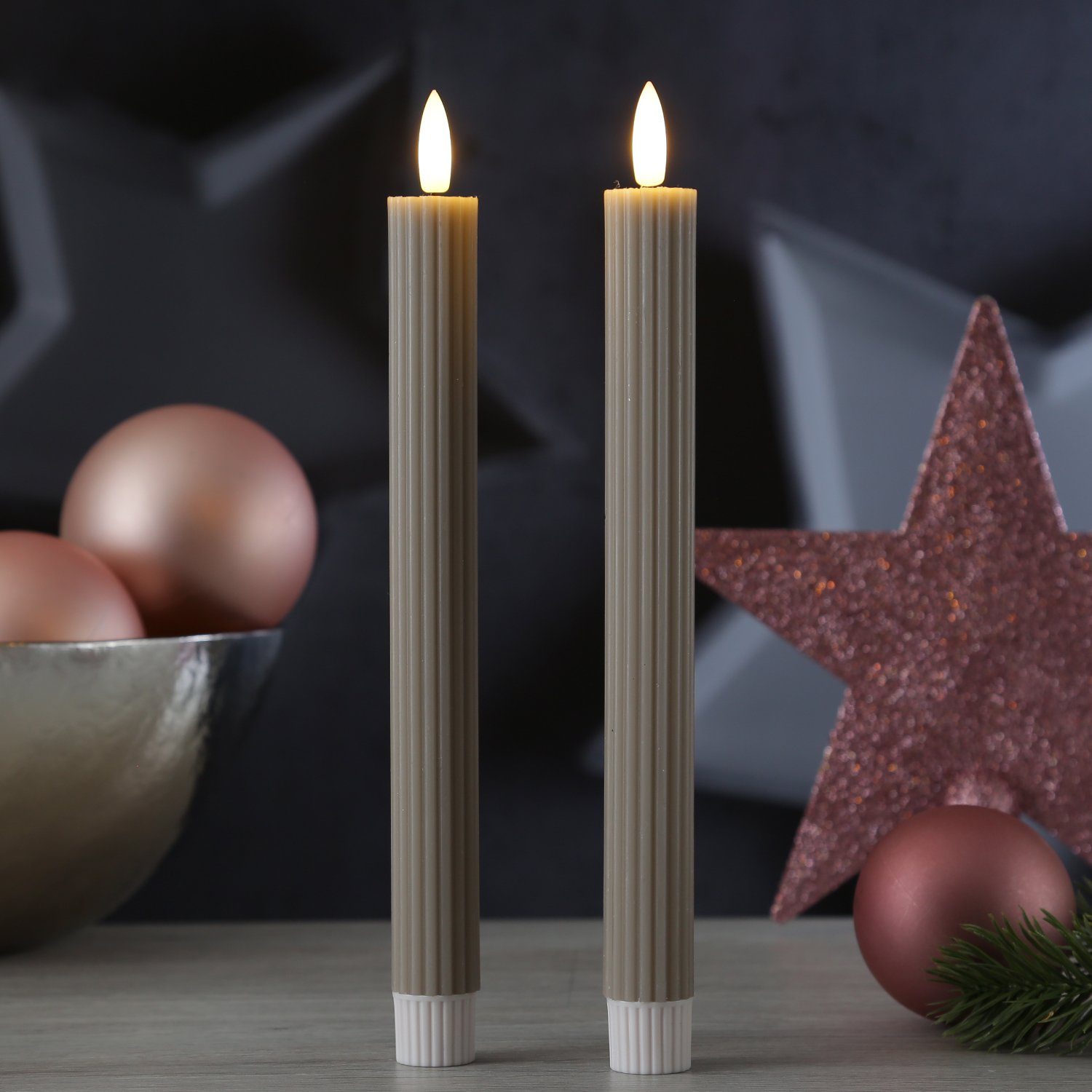 MARELIDA LED-Kerze LED Stabkerzen gerillt Tafelkerzen Dinner Spitzkerzen 25cm grau 2St., LED Classic, warmweiß (2100K bis 3000K)