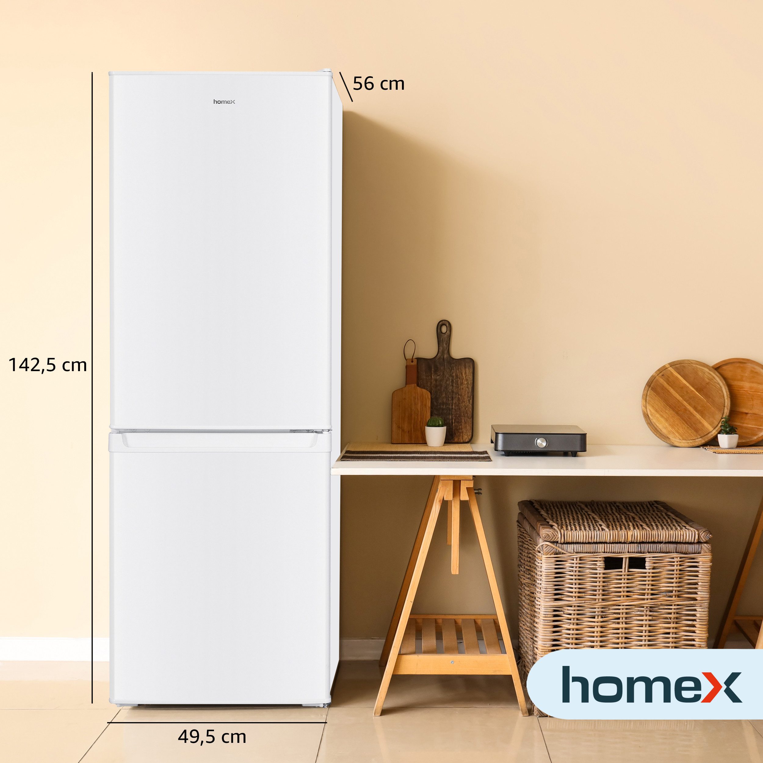 homeX Kühl-/Gefrierkombination CFS1110-W, 142.5 cm hoch, 49.5 cm breit, 173 Liter Nutzinhalt, Kühlschrank mit Gefrierfach, freistehend, groß