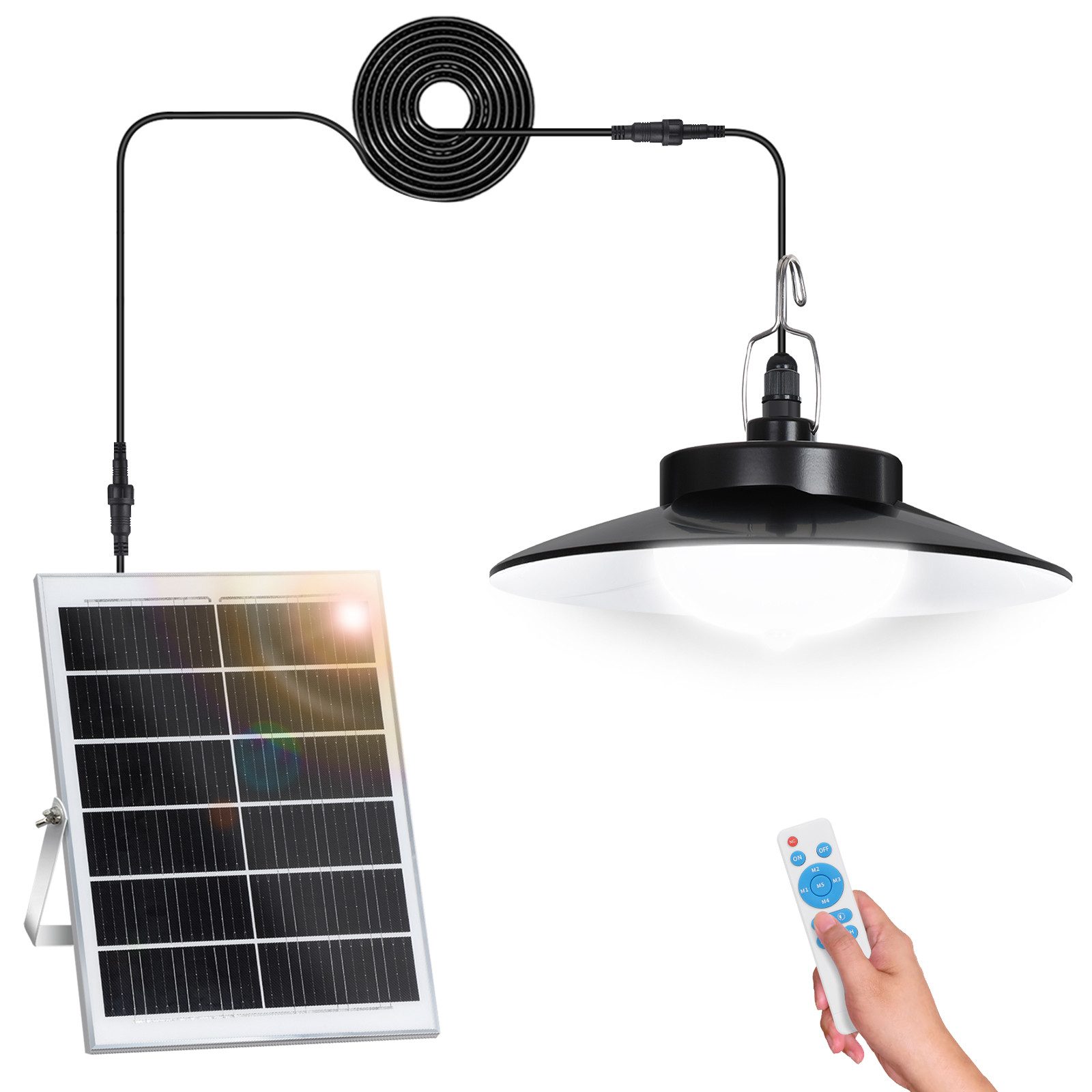 LMaxhome LED Solarleuchte Hängelampen Solar Deckenleuchte Outdoor, 5 Modi mit Fernbedienung IP65, Trennbar - 1 Lampe (Neu verbessert), LED fest integriert, Warmweiß/Kaltweiß Wahlbar, mit Bewegungsmelder und 5m Kabel, Solarlampe für Garten, Terrasse