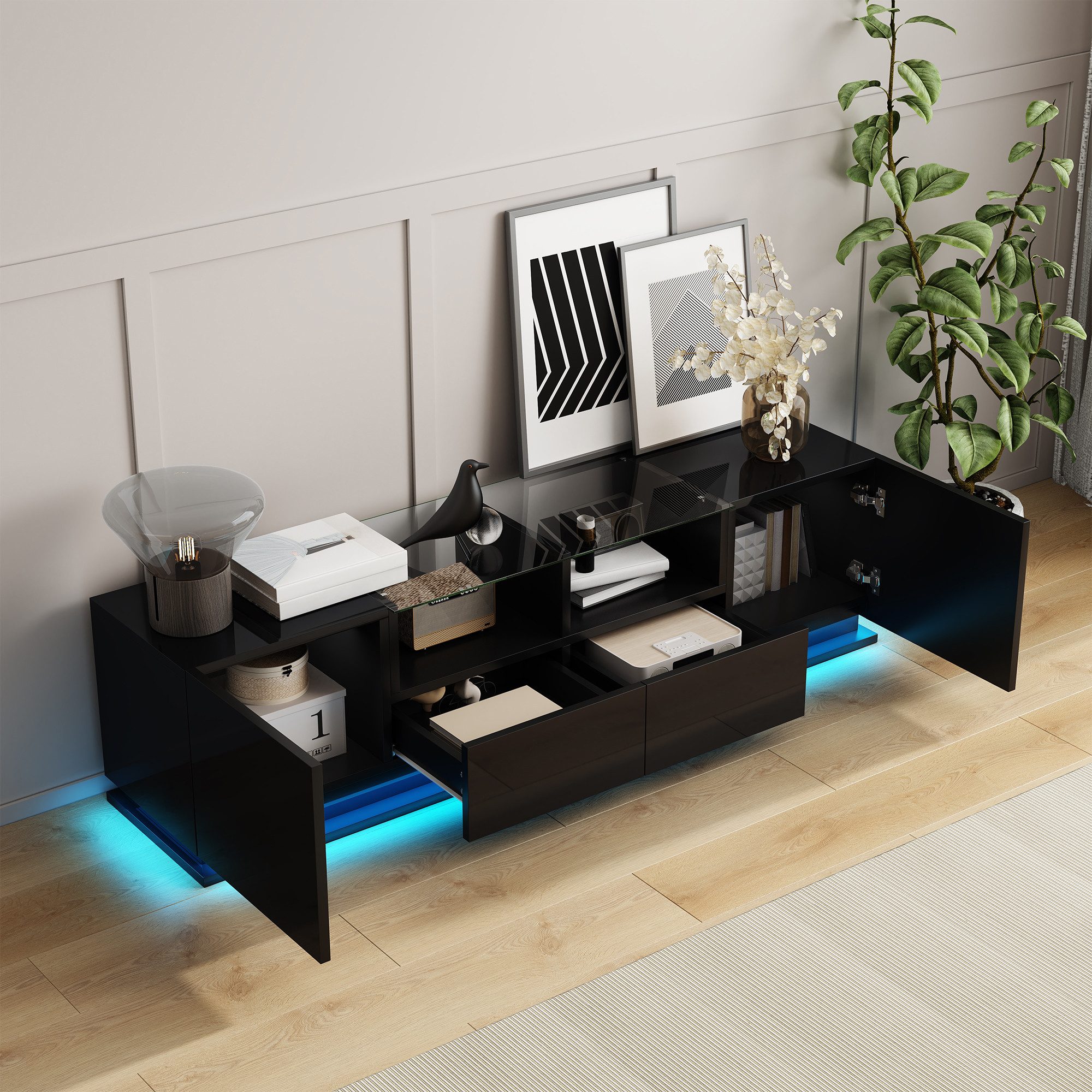 Merax Lowboard Hochglanz TV-Schrank mit LED, Fernsehtisch mit 2 Schubladen, günstig online kaufen