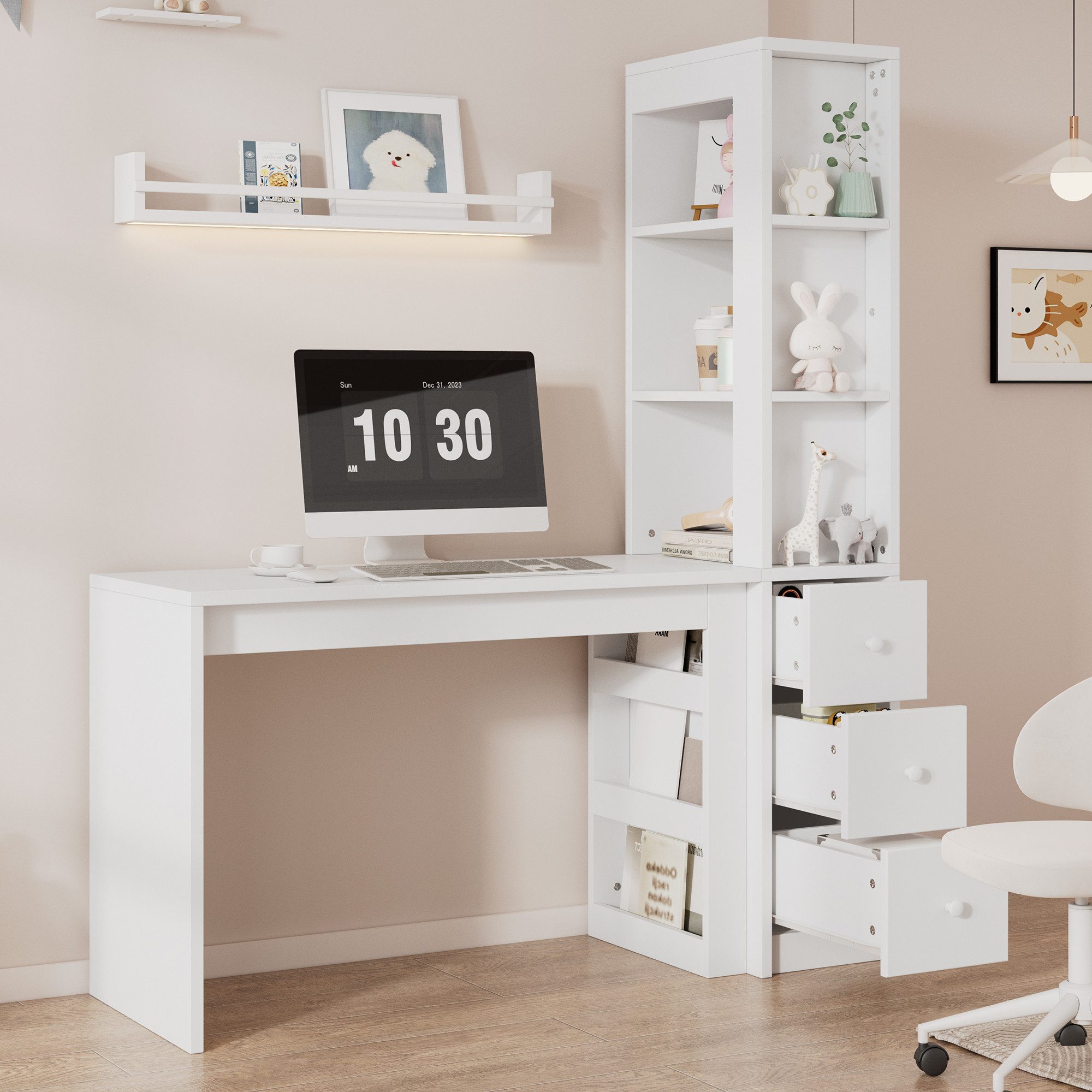 OKWISH Eckschreibtisch Schreibtisch mit Bücherregal 150x180x50 cm (Packung, 1-St., weiß, modernes Arbeitszimmer-Design), mit Schubladen & Seitenaufbewahrung