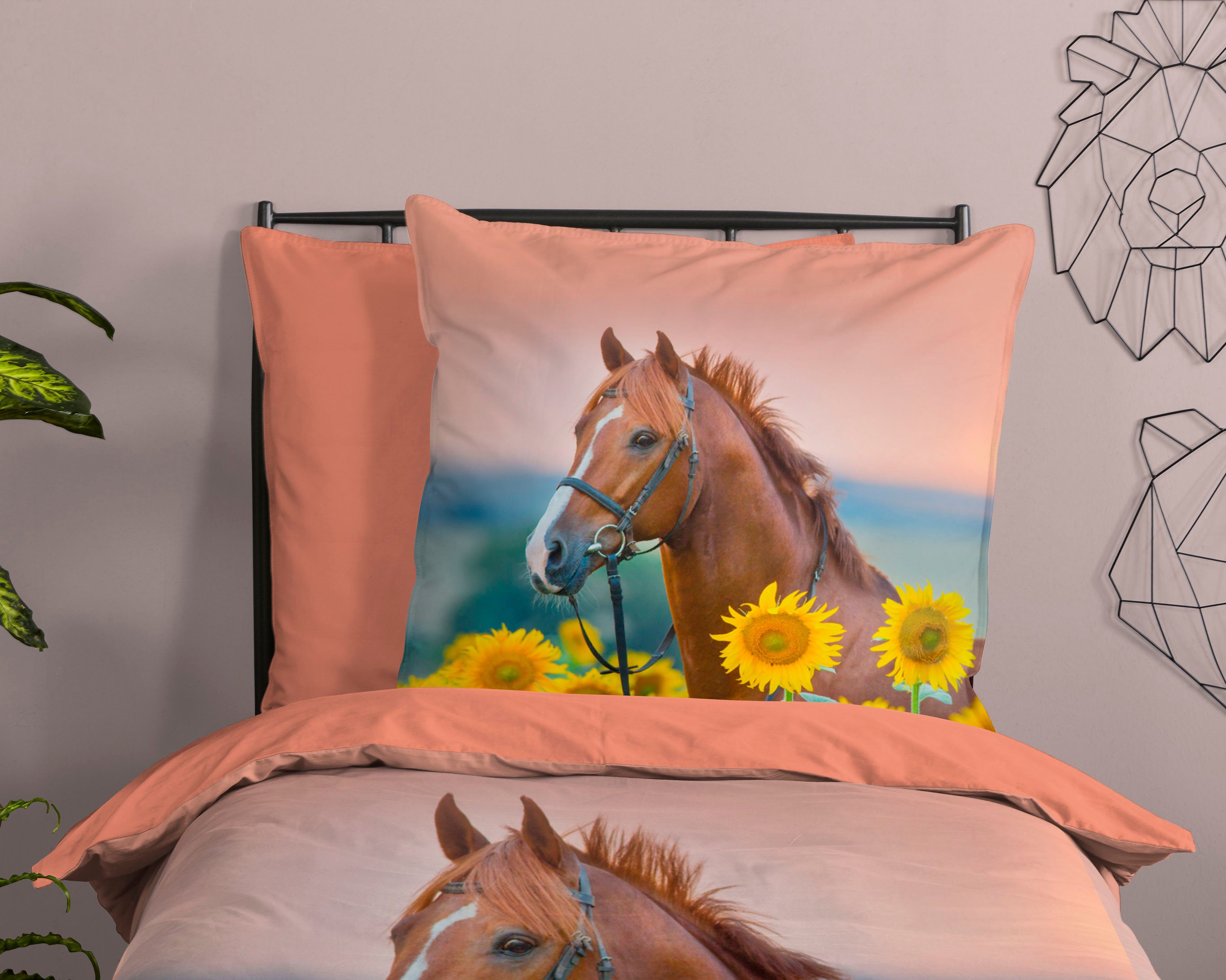 good morning Kinderbettwäsche Beauty Horse Sunflower, Renforcé, 2 teilig, Baumwolle, 135x200, Reißverschluss, Wendeoptik, Kind, Mädchen, Pferd