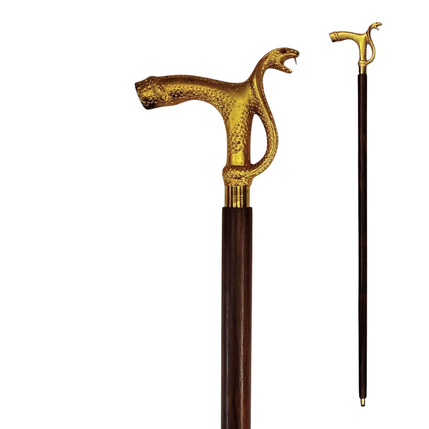 FTWdesign Frackstock Schlange Spazierstock aus Holz mit goldenem Griff aus Metall