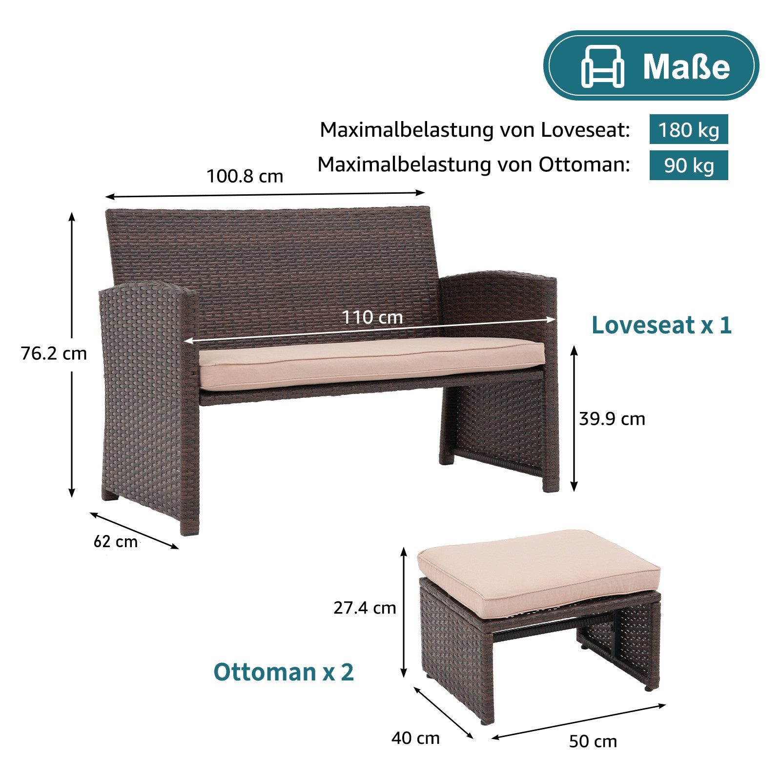 JOIVI Gartenbank Outdoor Loveseat (3-tlg Terrassenmöbel-Set, Allwetter Rattan Gartenbank mit 2 Hocker), Braun Rattan&Beige Kissen