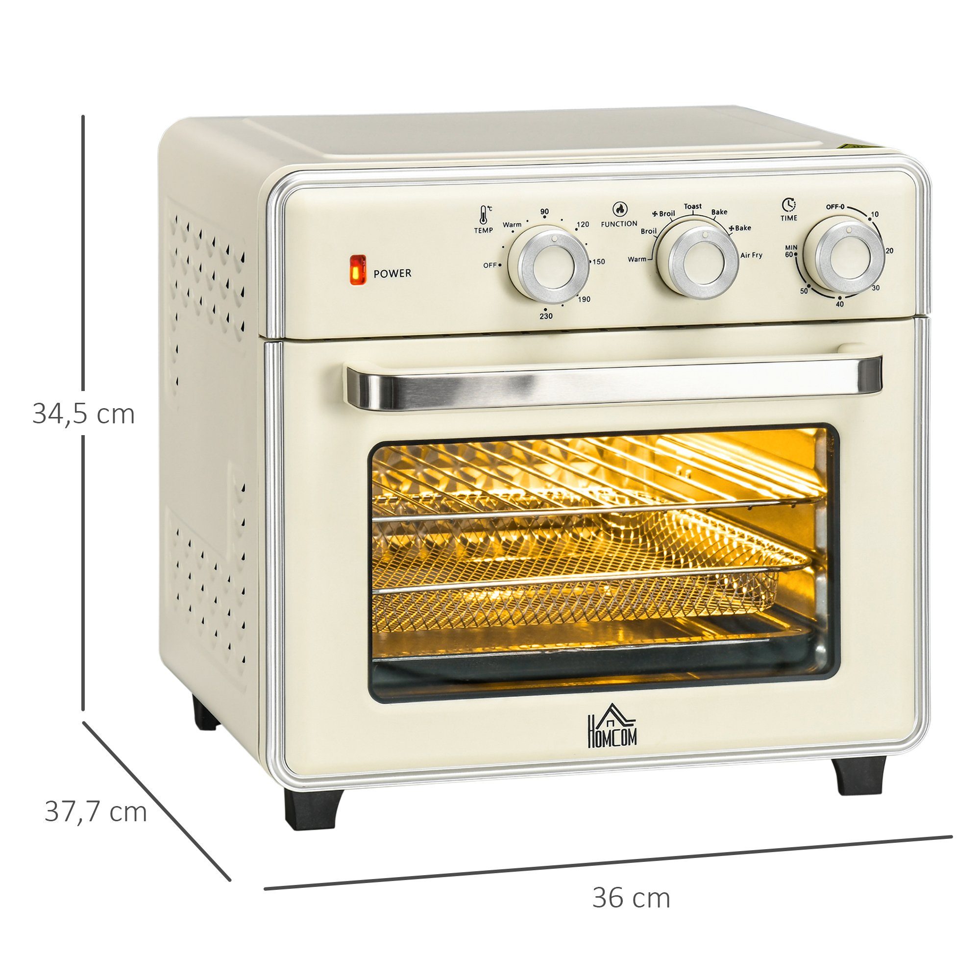HOMCOM Minibackofen 5-in 1 Mini Ofen inkl. Backblech Set, Frittierkorb, Krümelblech, mit 5 Modi, Frittierkorb, 60 Min. Timer, 1400W, Metall
