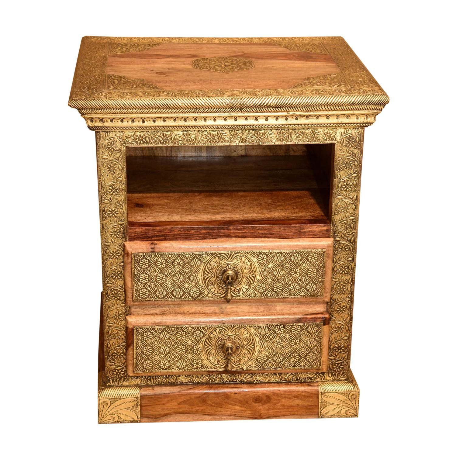 Casa Moro Nachttisch Kommode Nachttisch Marah 45x45x64 cm aus Massivholz (mit Messing verziert in braun Gold), Vintage Kommodenschrank Holzschrank, MA69-65-B