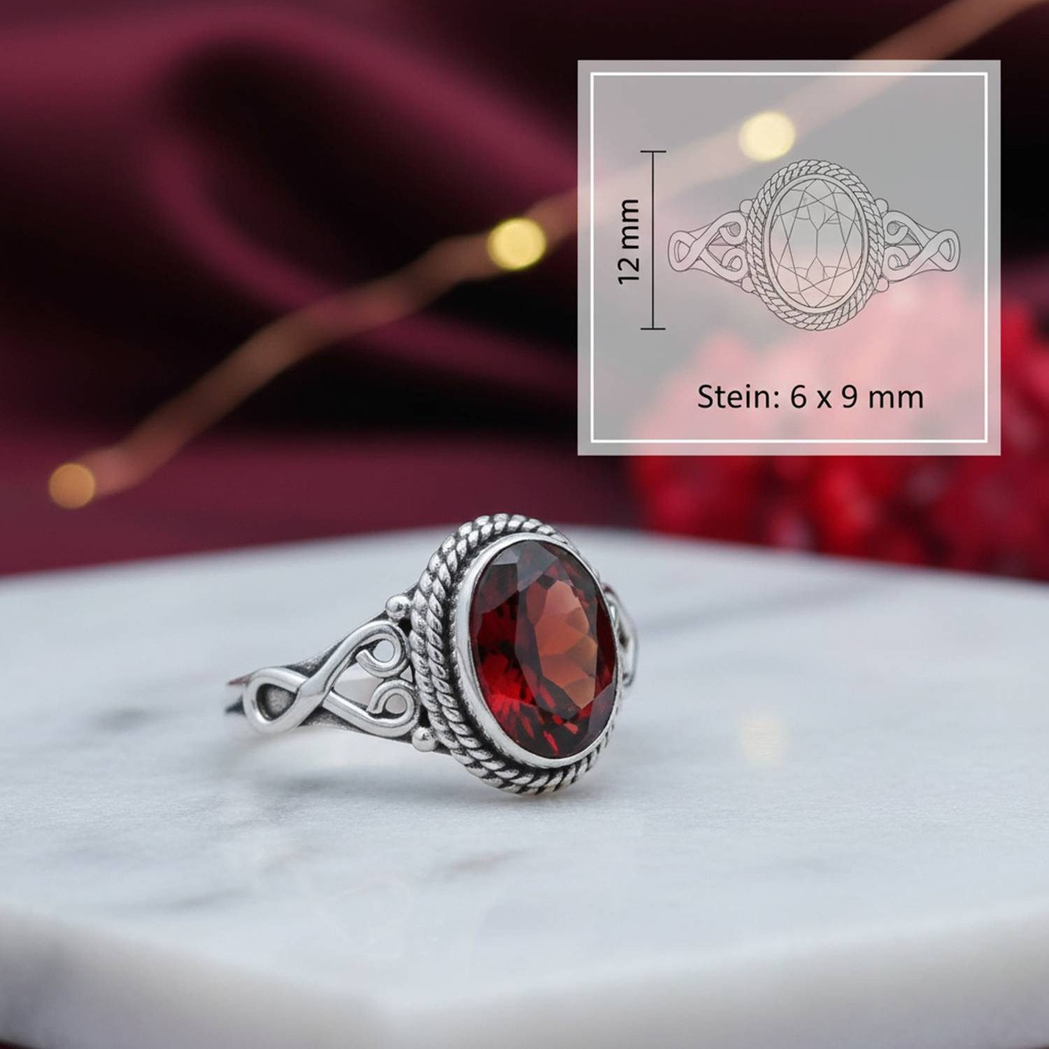 mantraroma Silberring BAGHIMI oval aus 925 Silber mit Granat facettiert (Ring mit Schmuckbeutel), Damenring aus 925er Silber