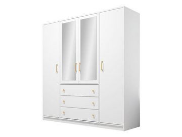 MIRJAN24 Kleiderschrank Retro D4 Lux (mit vier Drehtüren, drei Schubladen) Aluminiumgriffe in der Farbe Gold, Frontspiegel