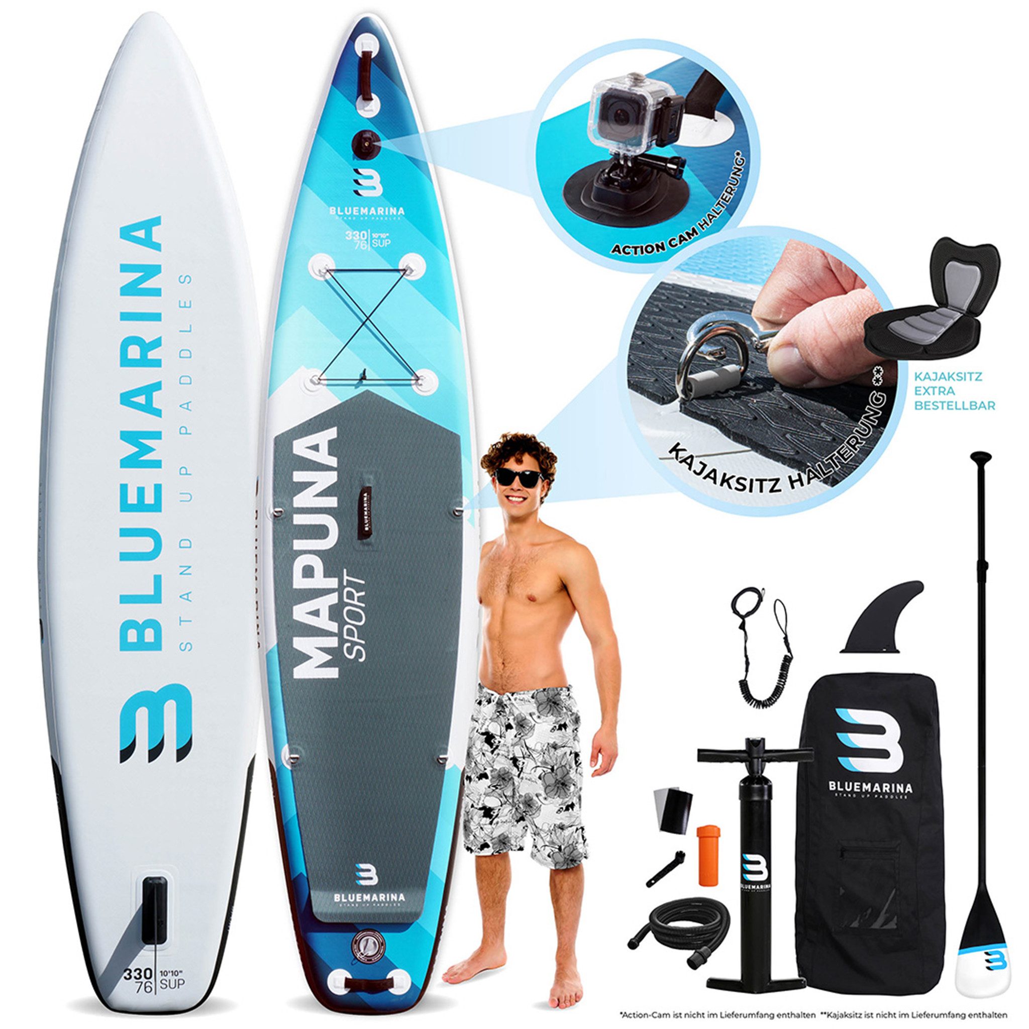 Bluemarina SUP-Board Mapuna Standuppaddle aufblasbar inkl. 5 J. Garantie, aufblasbar, (SUP aufblasbar, SUP Anfänger, Stand Up Paddel Board 200 kg, 3 tlg., Stand Up Paddle, SUP Board, Stand Up Paddel Board), Surfbrett, Surfboard aufblasbar