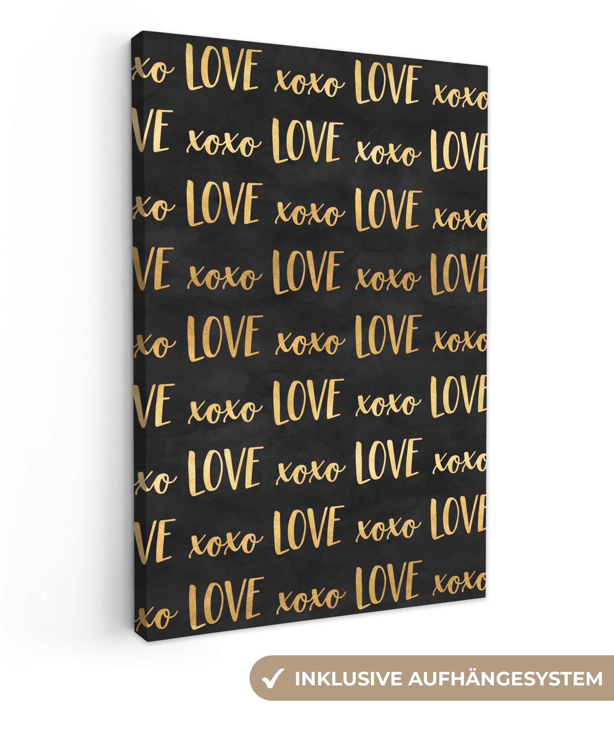 OneMillionCanvasses® Leinwandbild Muster - Liebe - Gold - Schwarz, (1 St), Leinwandbild fertig bespannt inkl. Zackenaufhänger, Gemälde, 20x30 cm