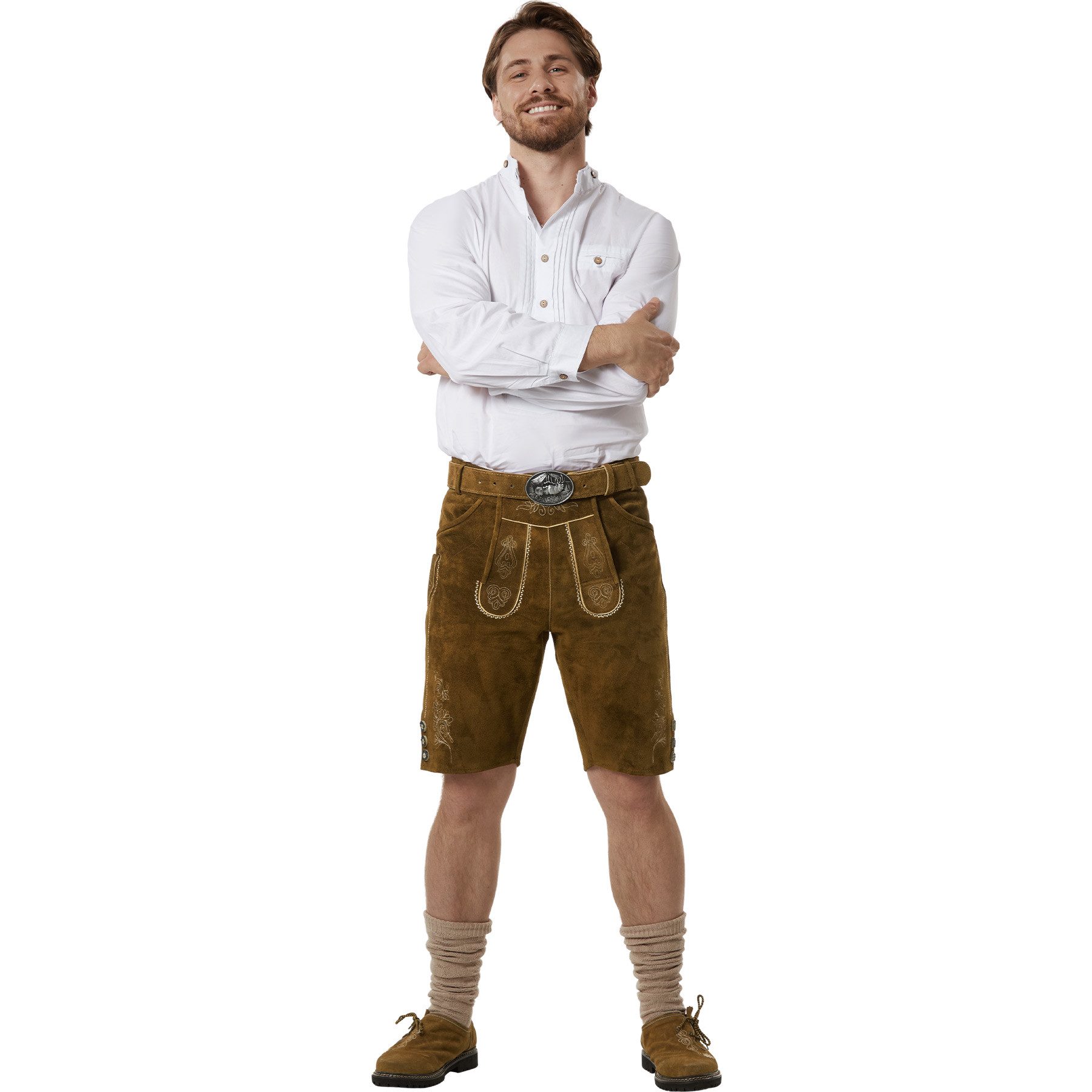 dressforfun Trachtenhose Klassische kurze Lederhose mit gesticktem Latz, robust (Herrenhose Jakob, für Volksfeste in Olivebraun) Inkl. Gürtel, Hosenträgern, Trachtenhemd, Loferl und Haferlschuhen