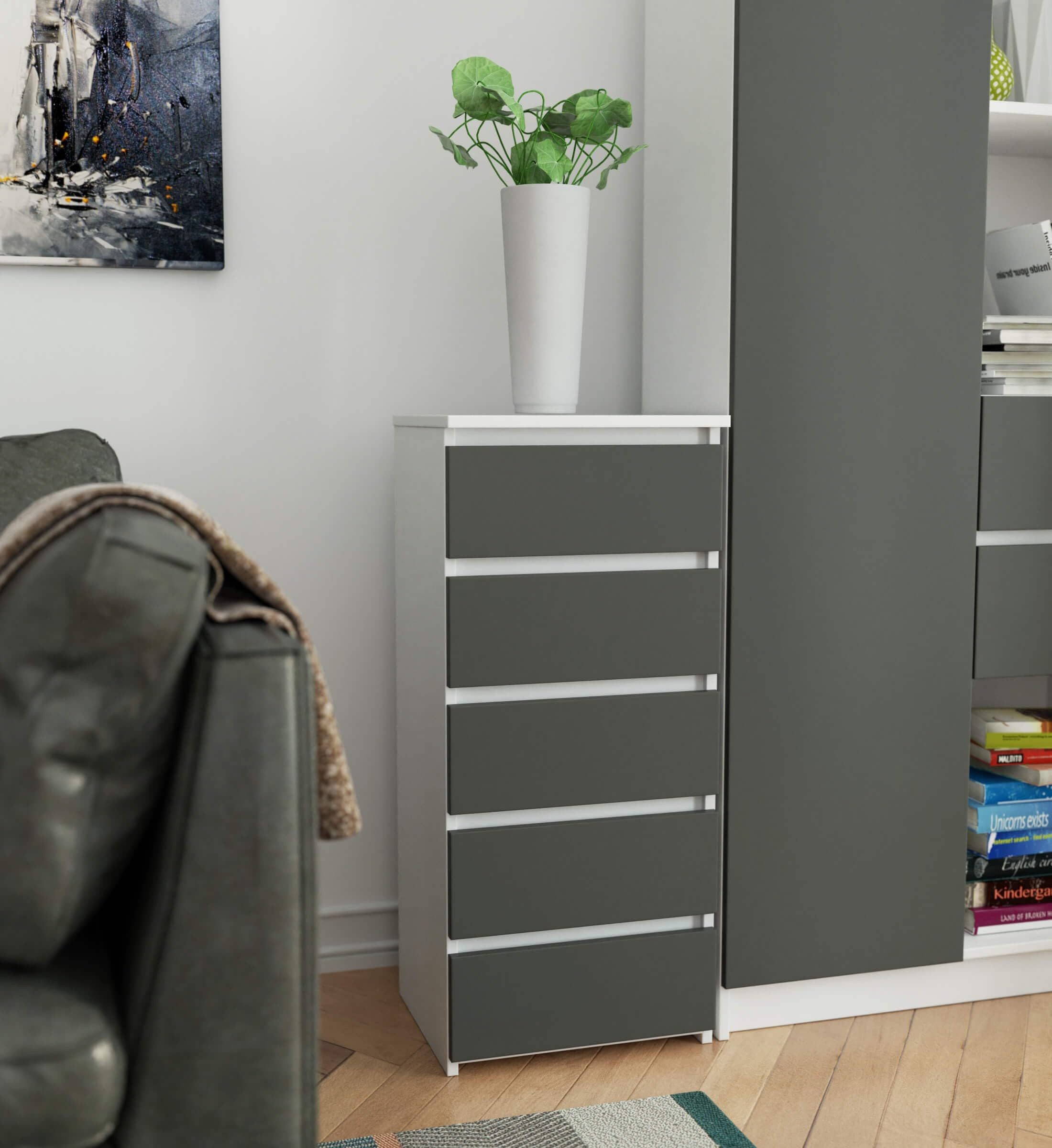 Milord FURNITURE Kommode mit 5 Schubladen 40 cm breit Holz Schrank B40xH92xT35 cm (Highboard Anrichte Schlafzimmer Wohnzimmer Flur Büro Organizer)