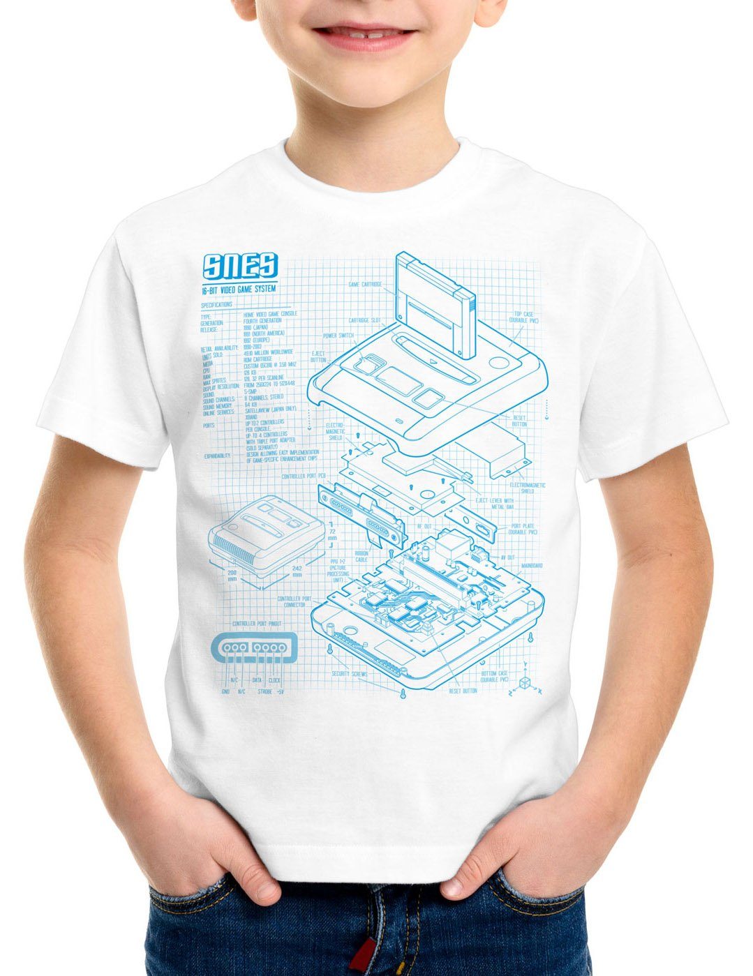 Kinder style3 T-Shirt Videospiel Blaupause SNES 16-Bit weiß Print-Shirt