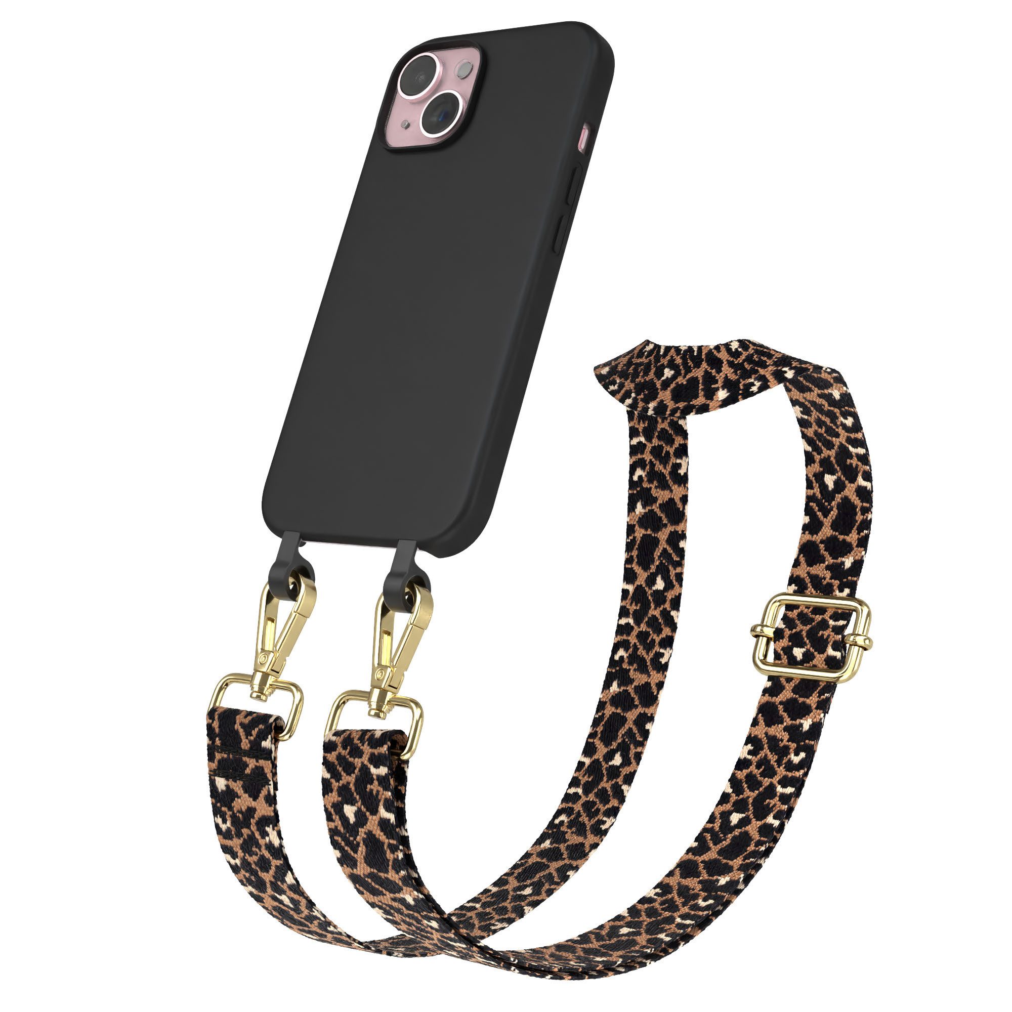 EAZY CASE Handykette 2in1 TPU Hülle mit Band für Apple iPhone 15 6,1 Zoll, Schutzhülle zum Umhängen Hülle mit Leo Umhängeband Kettenhülle Schwarz