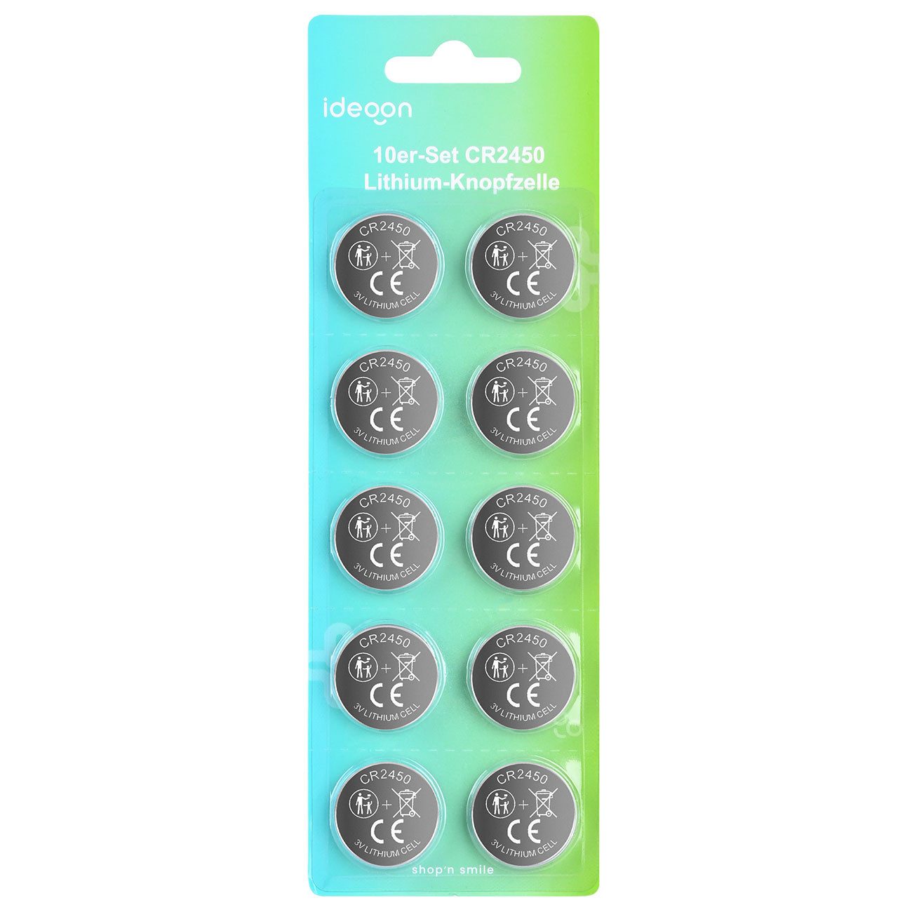 shop'n smile ideoon CR2450 Lithium Knopfzellen 3V Batterien, 620 mAh hohe Kapazität Knopfzelle, (10 St), langlebige 3 Volt Batterie