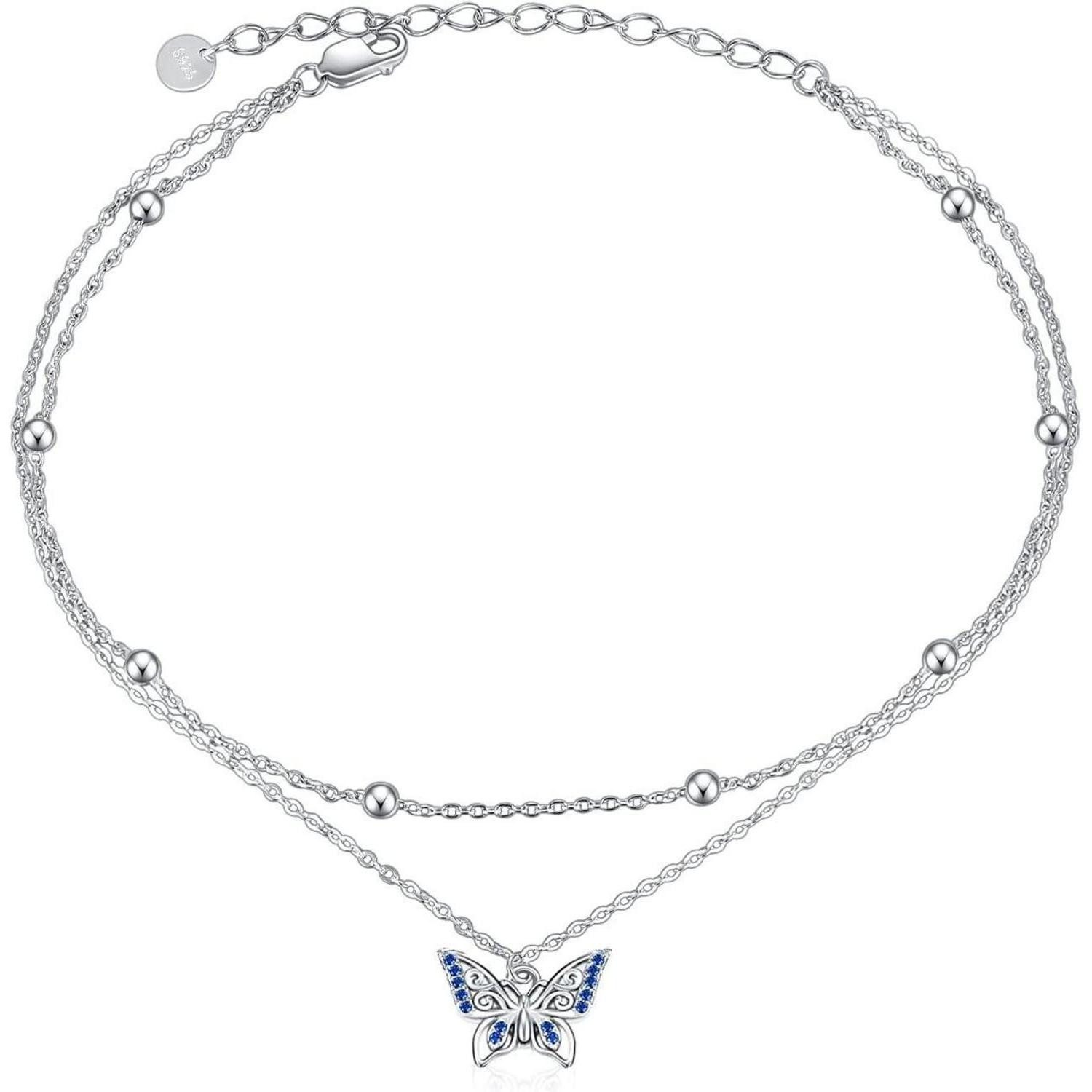 LuxusKollektion Fußkette mit Anhänger Fußkettchen 925 Silber Doppelkette Gänseblümchen Böses Schmetterling