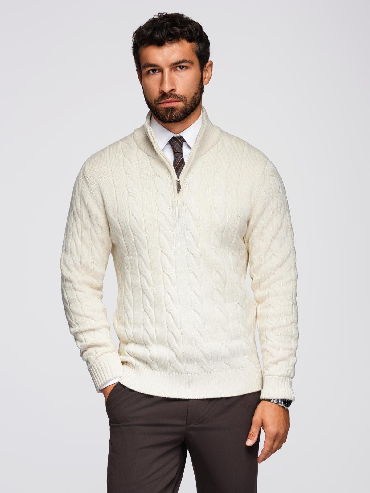 Stehkragenpullover Herren-Strickpullover mit Zopfmuster und Reißverschlusskragen