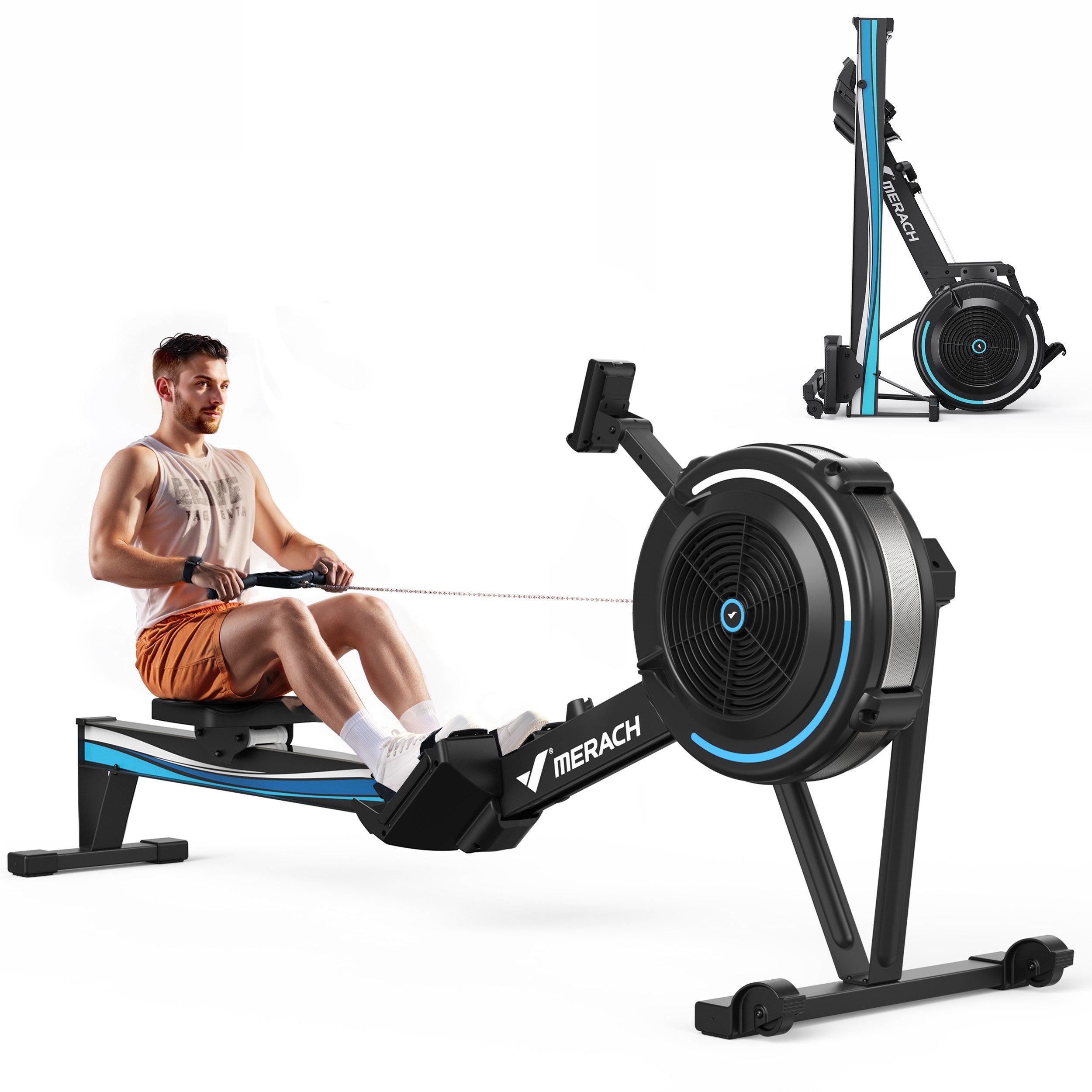 MERACH Rudergerät Luftwiderstand für Zuhause, Professional Indoor-Rudergerät (Klappbares Rudergerät mit Bluetooth LCD-Display, Ergonomischer Komfortsitz, Verstellbarem Tablethalter), für Heim-Fitnessstudio und Cardio-Training, 158KG Belastung