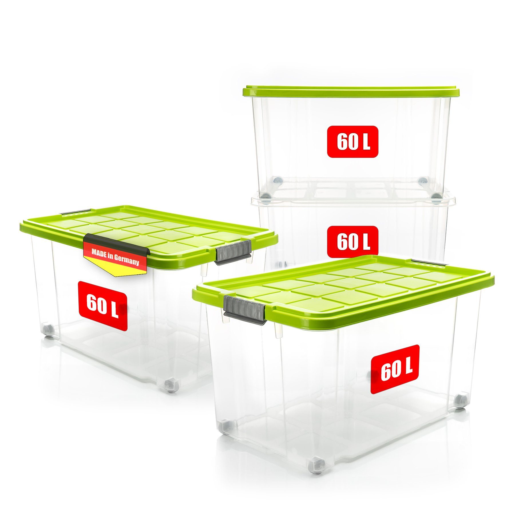 BigDean Aufbewahrungsbox 4x 60 L Aufbewahrungsbox mit Deckel + Rollen limegrün Stapelbox