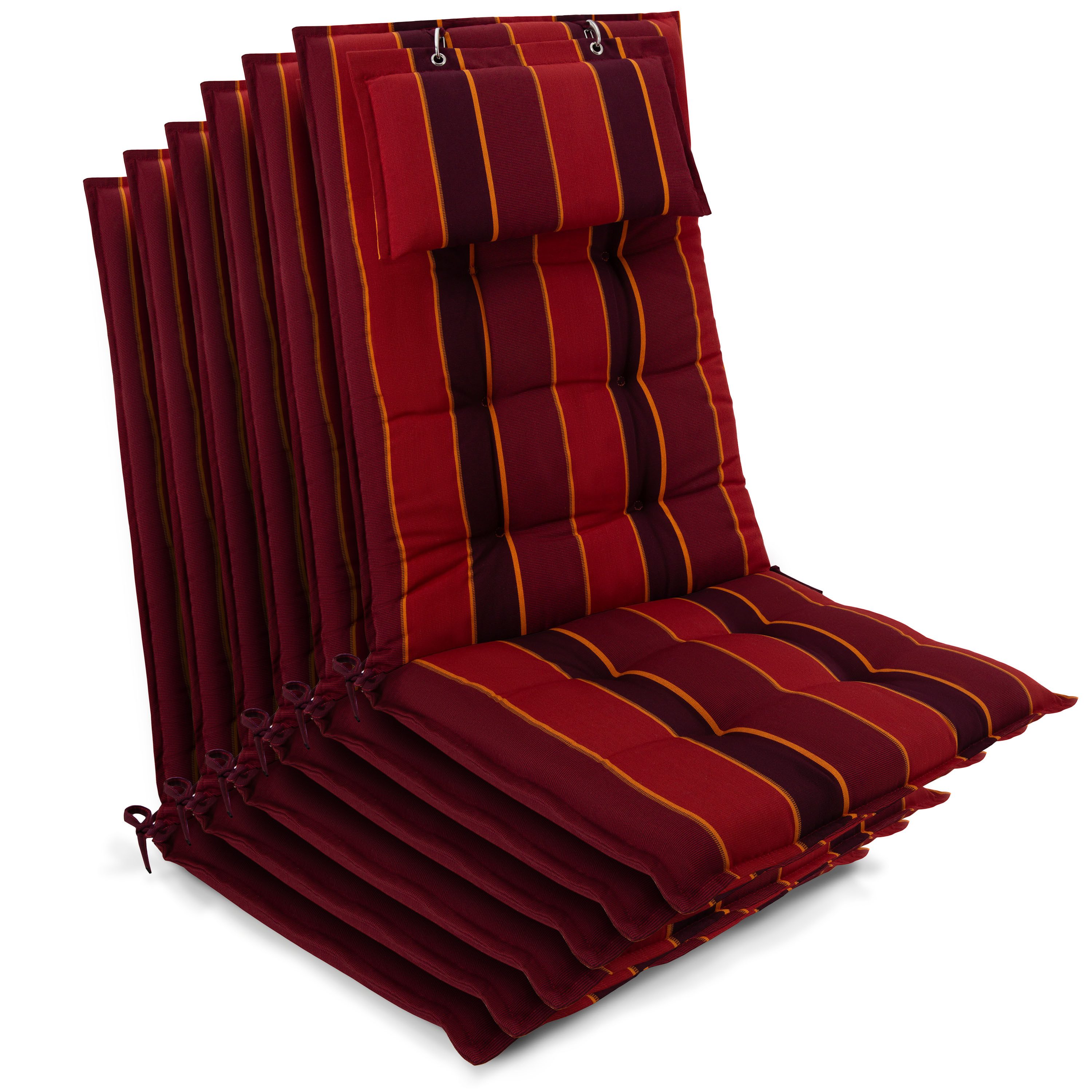 Beautissu Hochlehnerauflage 6er Set Sun-HL Hochlehner Auflage 120x50x8cm Rot-Anthrazit-Gestreift, Mit Kopfpolster, rutschfest & robust – Befestigungsbänder, UV 5