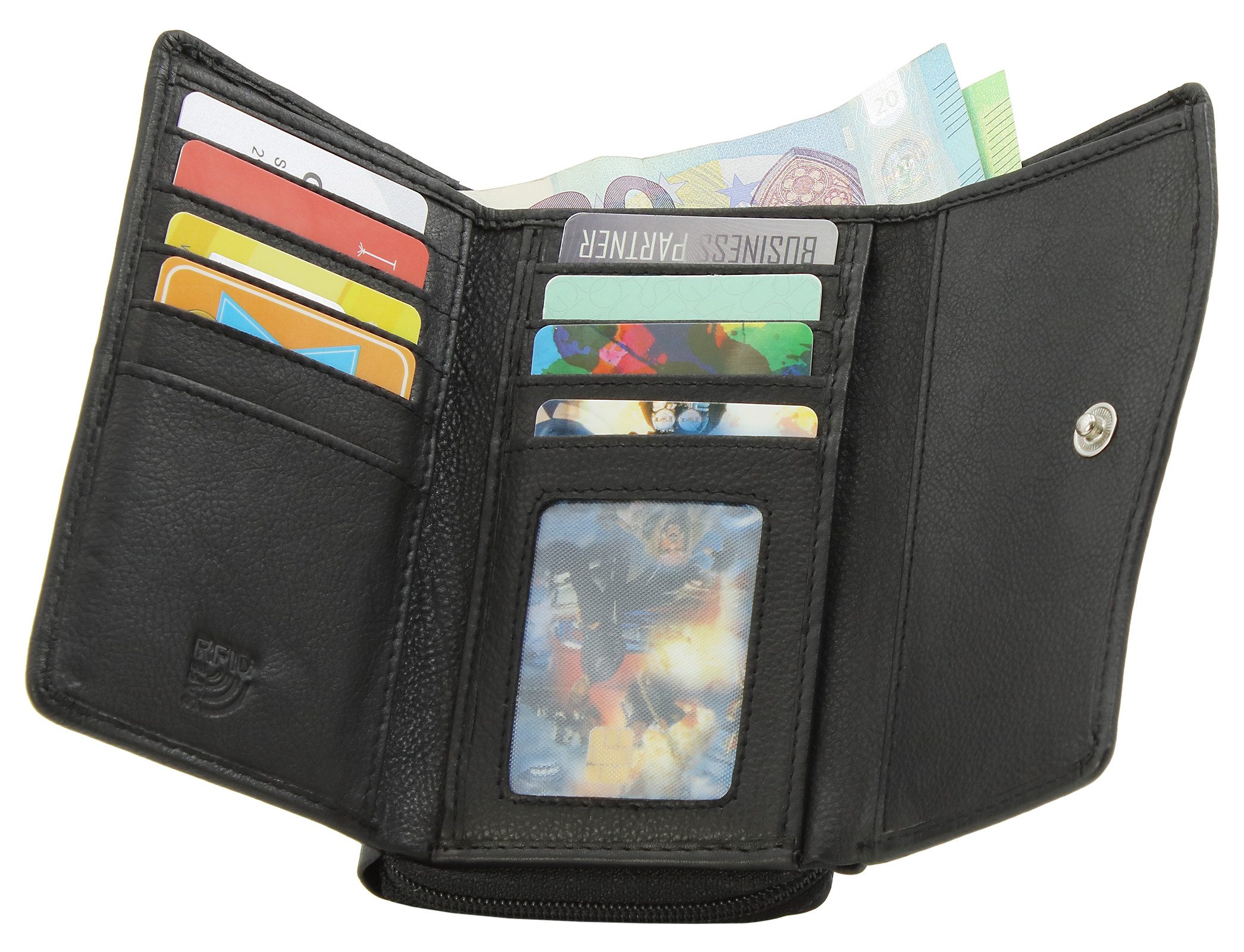 Money Maker Geldbörse Große Damen Leder Portmonee Geldbeutel, RFID-Schutz, viel Kartenfächer, Druckknopfverschluss und Reißverschluss