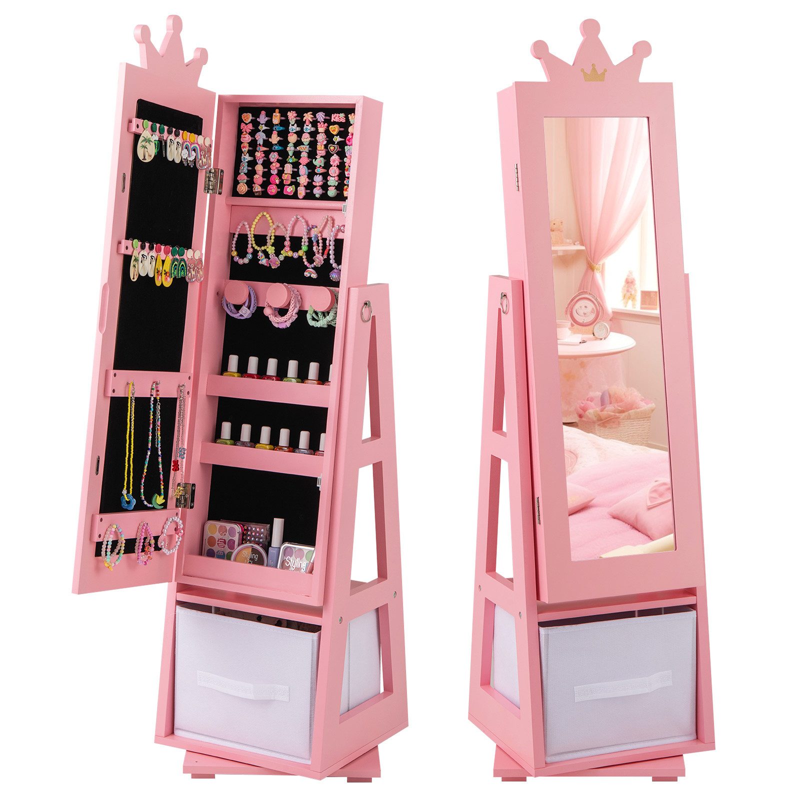 COSTWAY Schmuckschrank Kinder Ganzkörperspiegel mit Aufbewahrunskorb günstig online kaufen