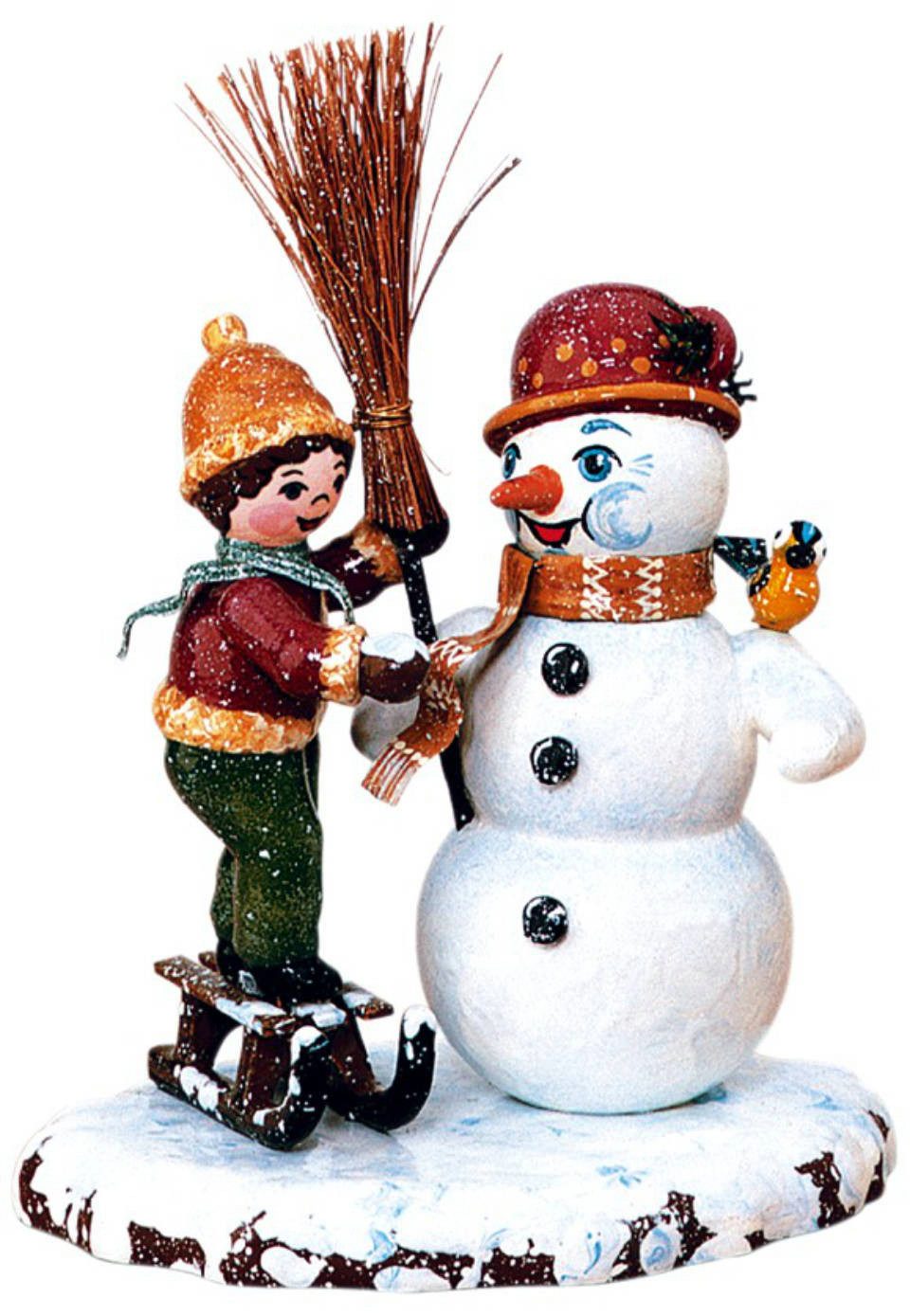 Hubrig Volkskunst Zschorlau Erzgebirge Sammelfigur Hubrig Winterkinder Junge mit Schneemann