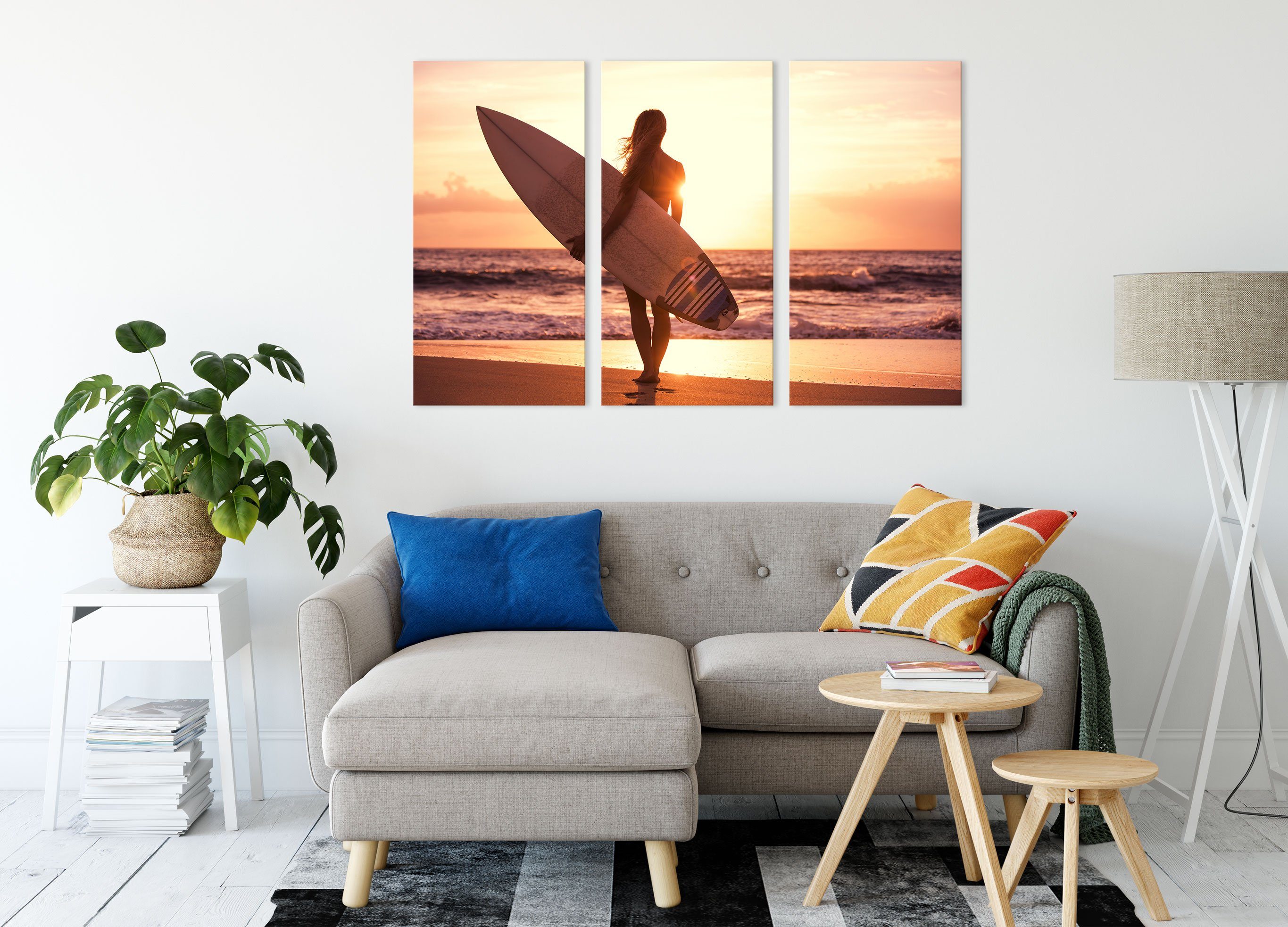 Pixxprint Leinwandbild vor Sonnenuntergang, Zackenaufhänger Sonnenuntergang (1 Surferin Surferin inkl. vor bespannt, St), (120x80cm) Leinwandbild fertig 3Teiler