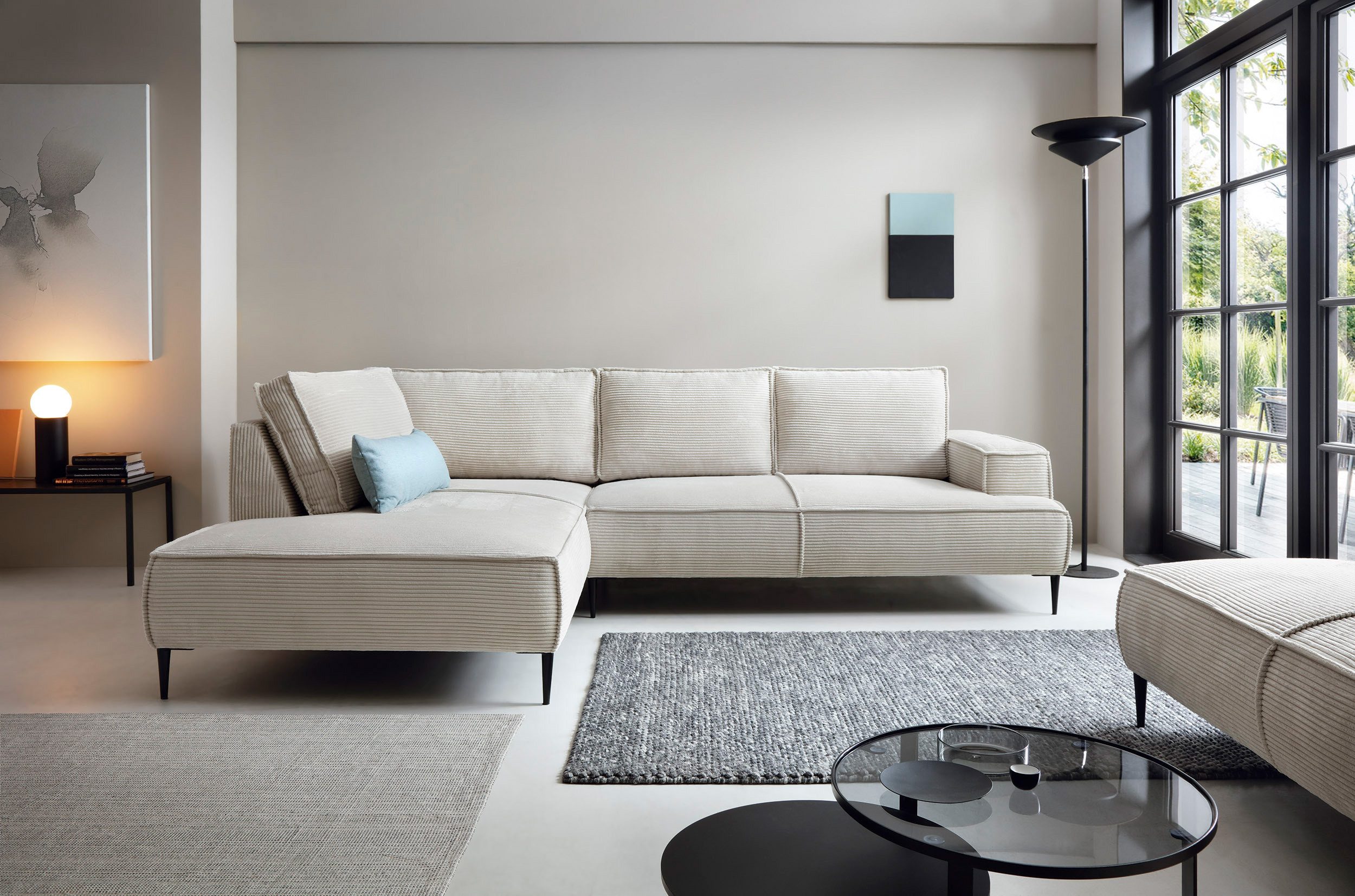 Goldstoff Ecksofa Cord VESPA L Beige – großes Wohnlandschaft Sofa L-Form, Großzügige Sitzfläche