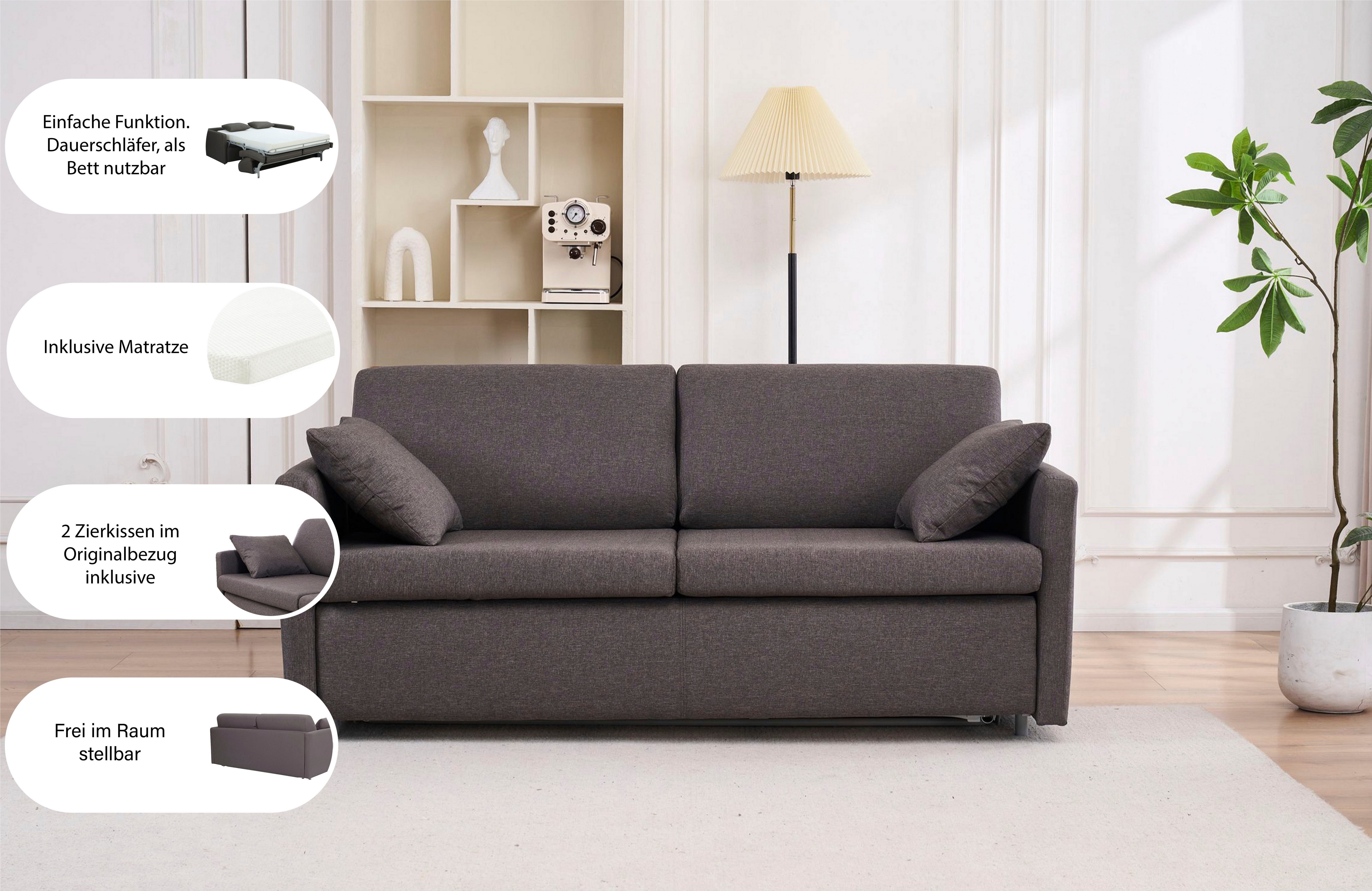 ATLANTIC home collection Schlafsofa Robin, B: 168cm, mit Matratze und Zierkissen, Dauerschläfer